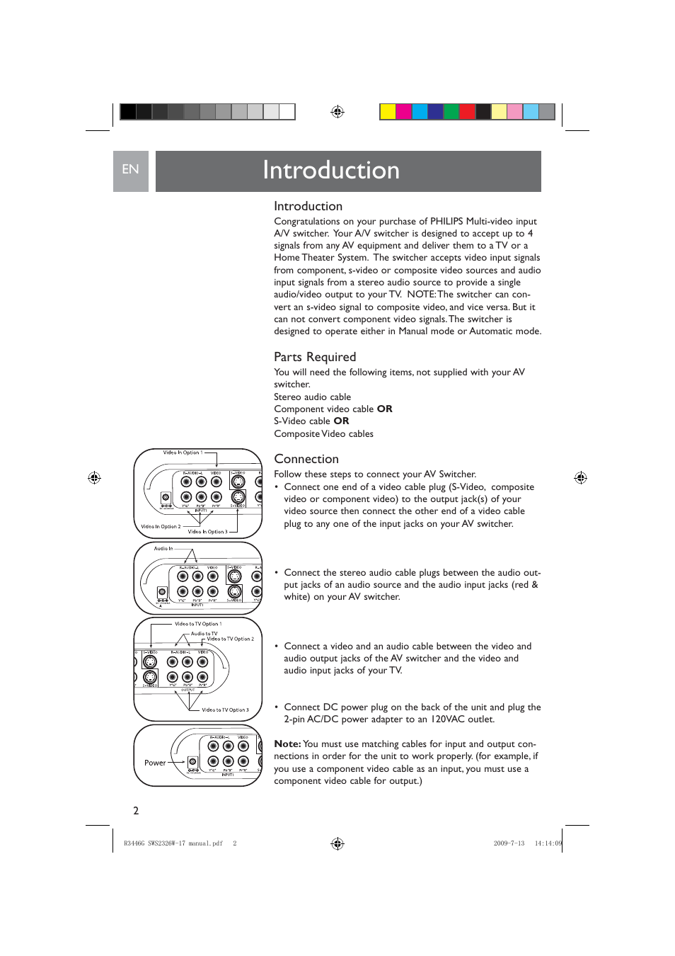 Introduction, Parts required, Connection | Philips MULTI-VIDEO INPUT SWS2326W/17 User Manual | Page 2 / 12