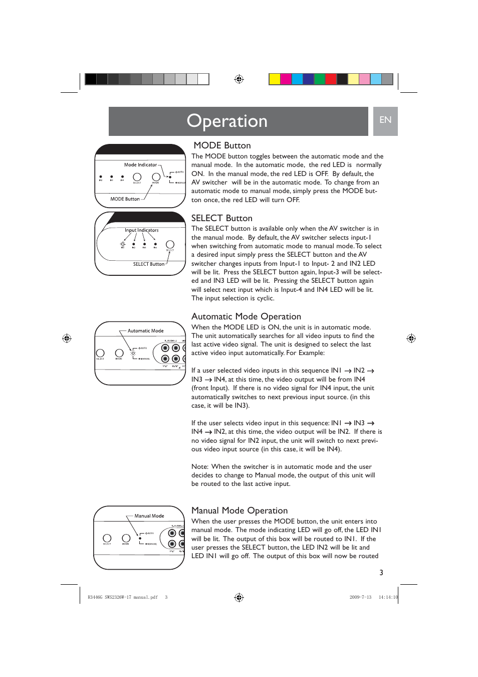 Operation, Mode button, Select button | Automatic mode operation, Manual mode operation | Philips MULTI-VIDEO INPUT SWS2326W/17 User Manual | Page 3 / 12