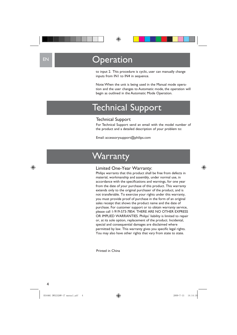 Operation technical support warranty | Philips MULTI-VIDEO INPUT SWS2326W/17 User Manual | Page 4 / 12