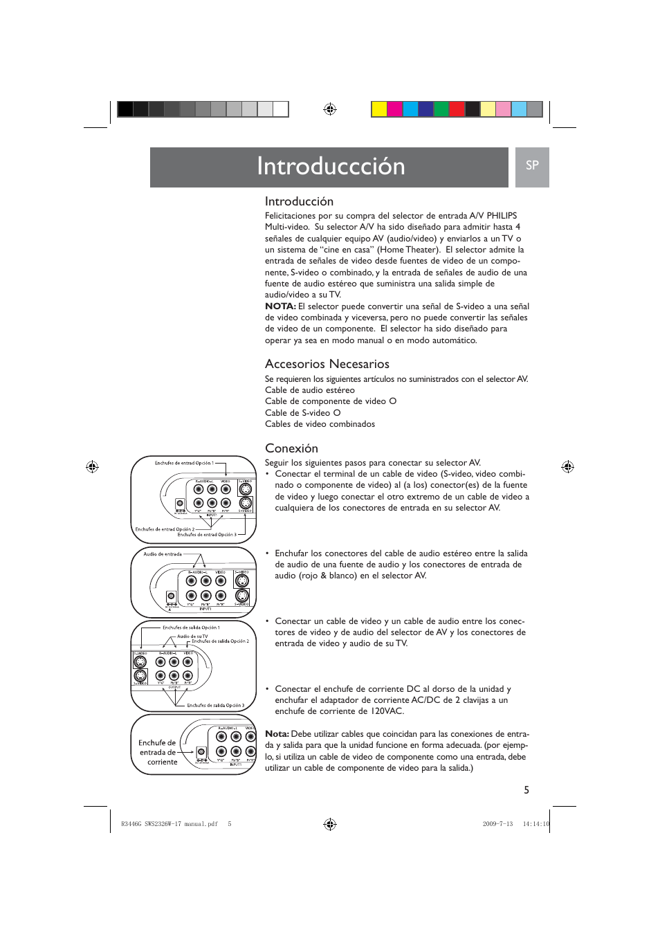 Introduccción, Introducción, Accesorios necesarios | Conexión | Philips MULTI-VIDEO INPUT SWS2326W/17 User Manual | Page 5 / 12