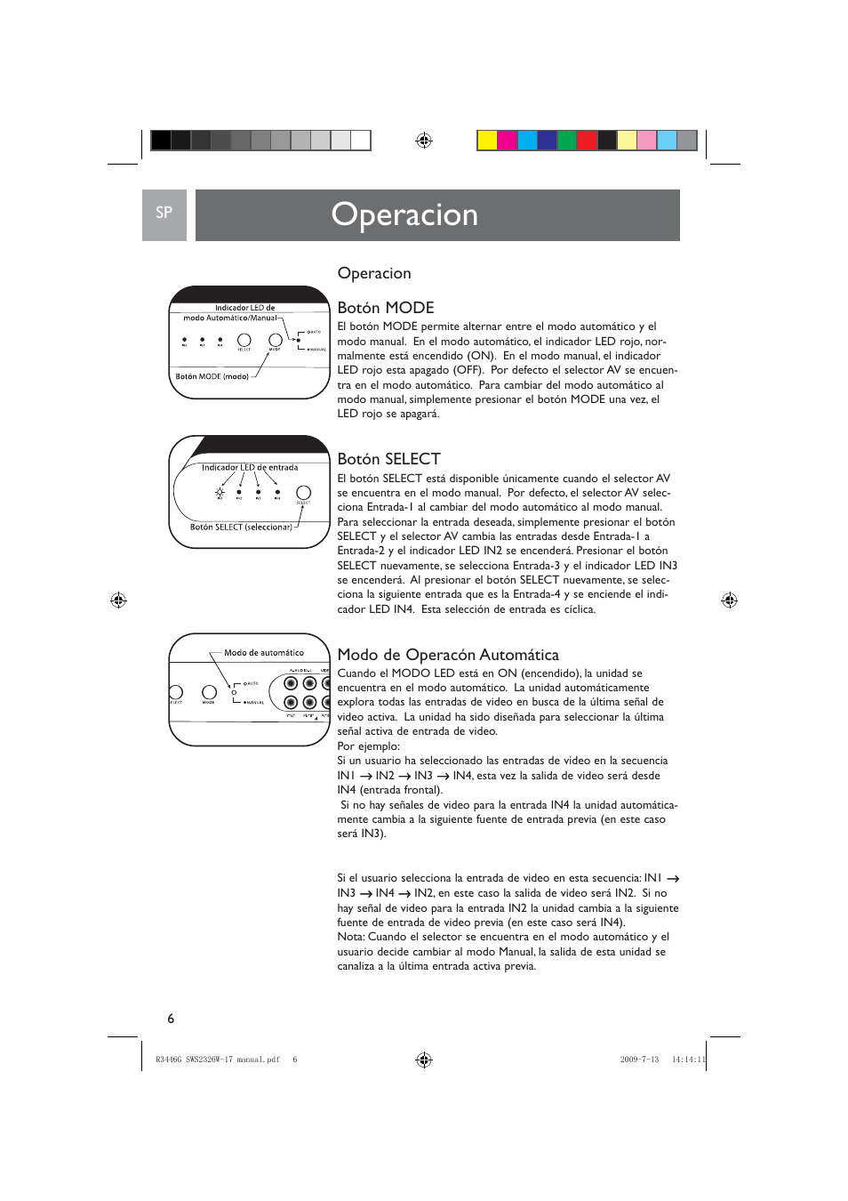 Operacion, Operacion botón mode, Botón select | Modo de operacón automática | Philips MULTI-VIDEO INPUT SWS2326W/17 User Manual | Page 6 / 12