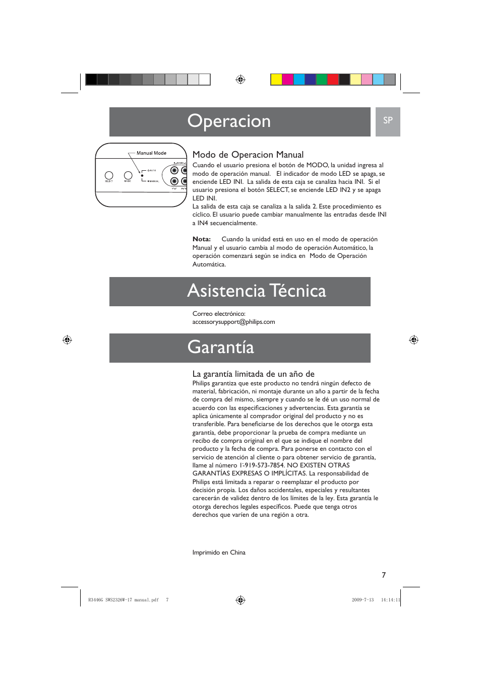 Operacion asistencia técnica garantía, Modo de operacion manual | Philips MULTI-VIDEO INPUT SWS2326W/17 User Manual | Page 7 / 12