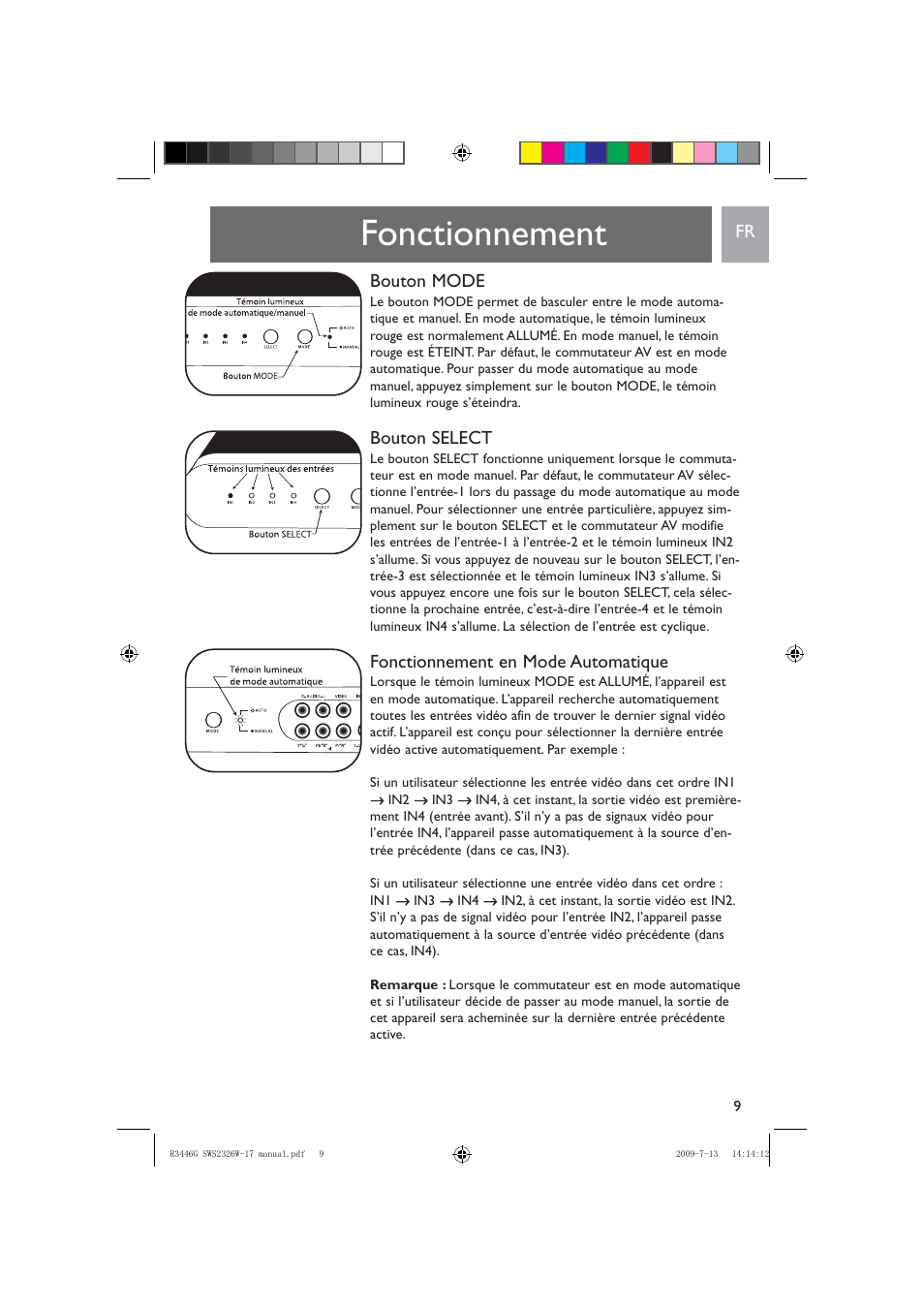 Fonctionnement, Bouton mode, Bouton select | Fonctionnement en mode automatique | Philips MULTI-VIDEO INPUT SWS2326W/17 User Manual | Page 9 / 12