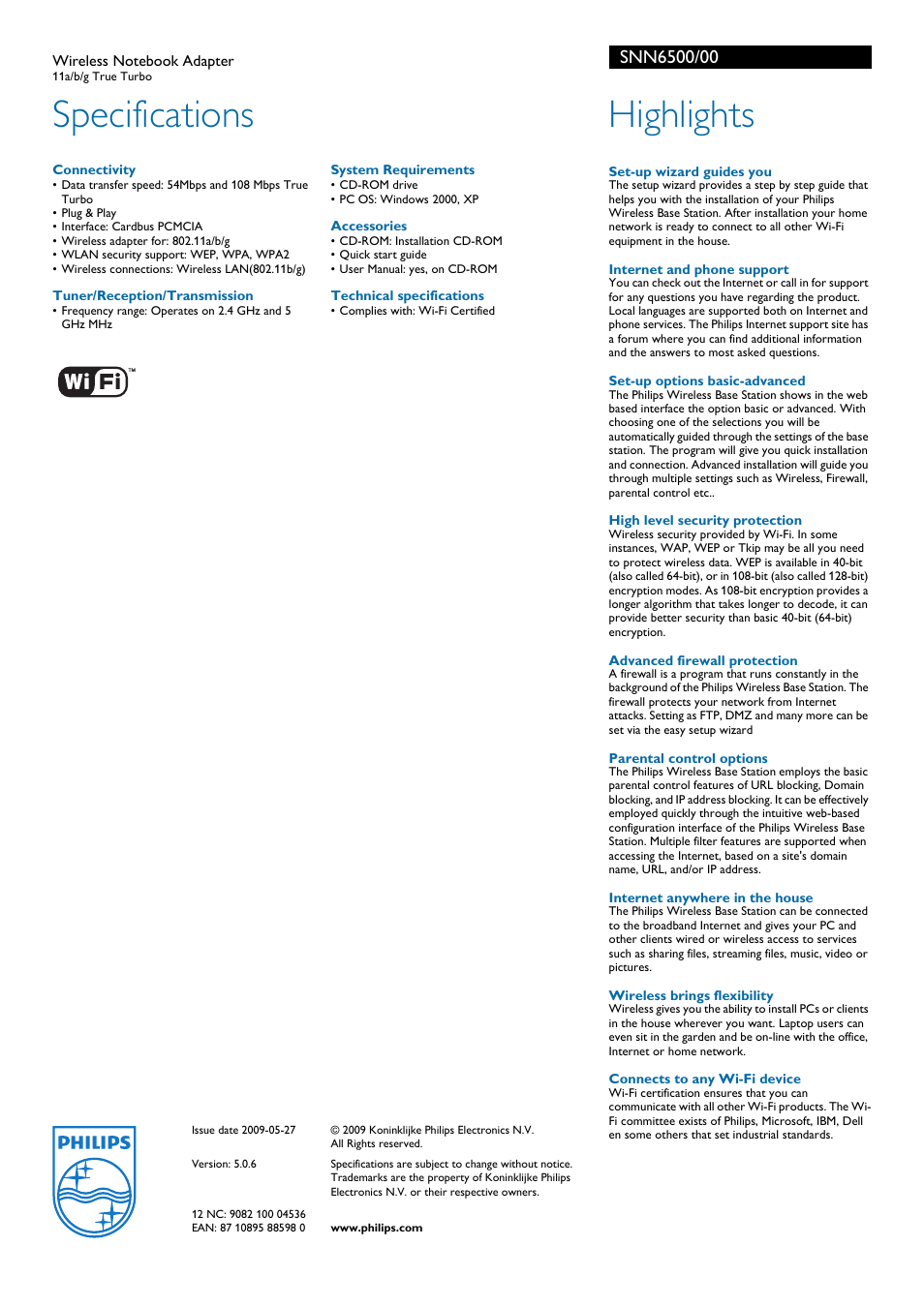 Specifications, Highlights | Philips SNN6500/00 User Manual | Page 2 / 2