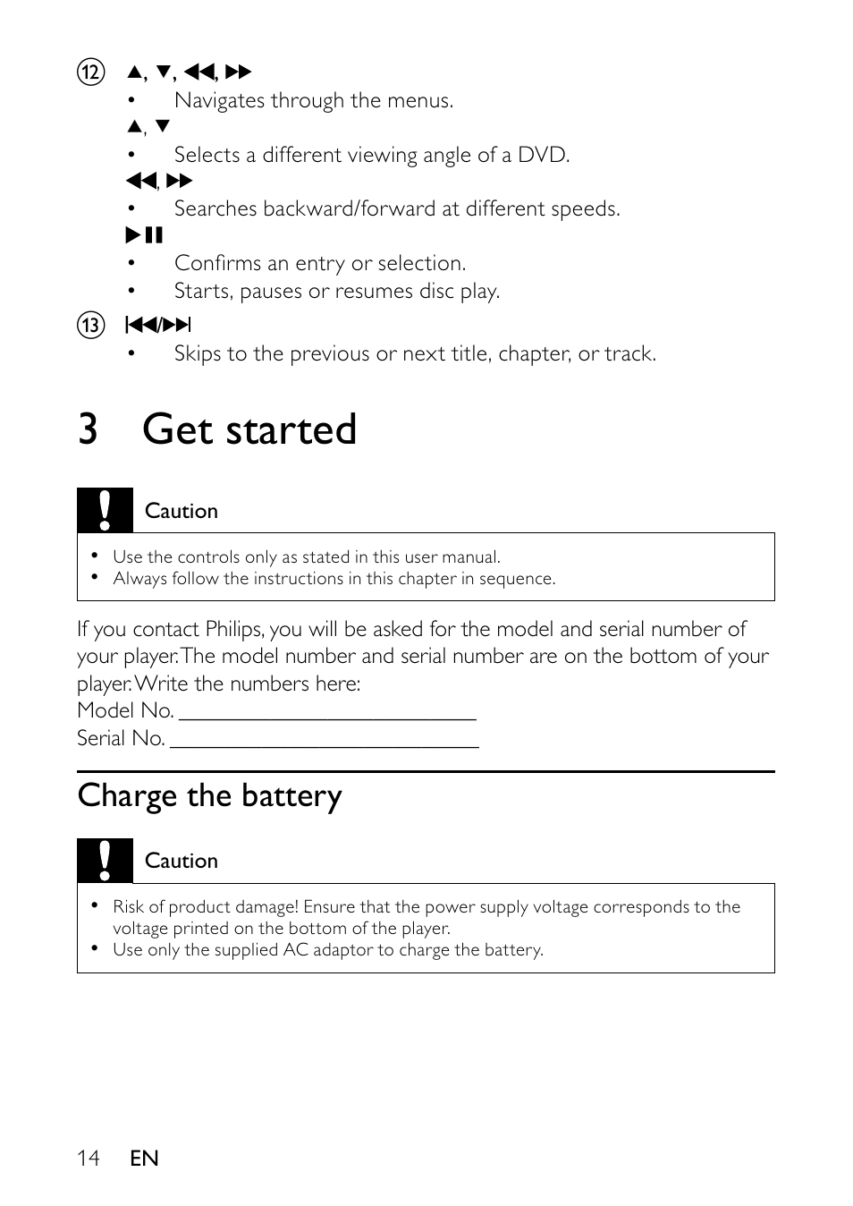 Overview of the remote control, 3 get started, Charge the battery | Philips PET736C User Manual | Page 13 / 23