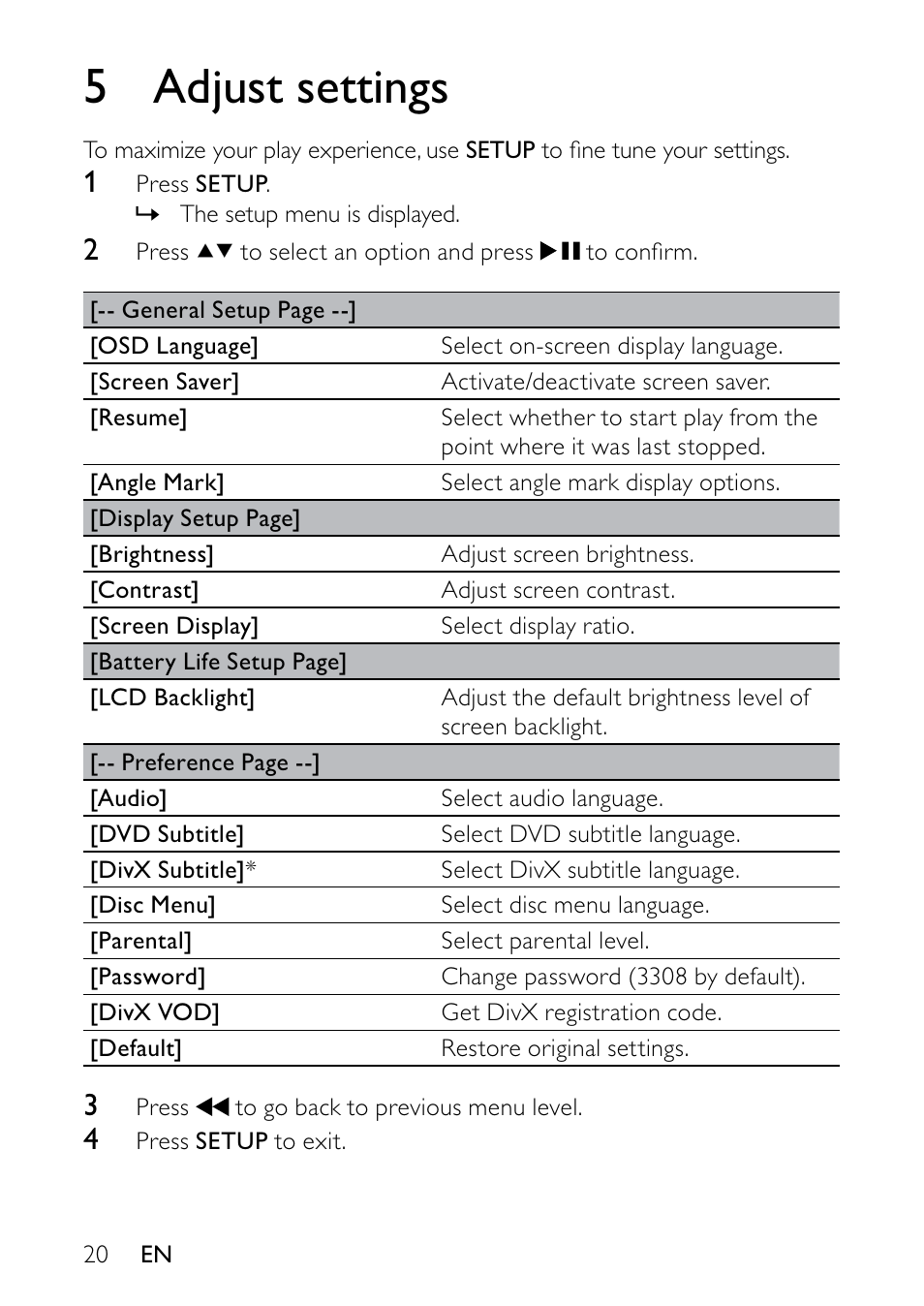 Play from usb, Play options, Hearing safety | 5 adjust settings | Philips PET736C User Manual | Page 19 / 23
