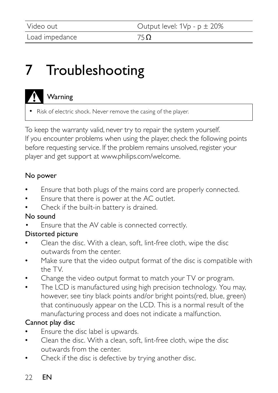 5 adjust settings, 7 troubleshooting | Philips PET736C User Manual | Page 21 / 23