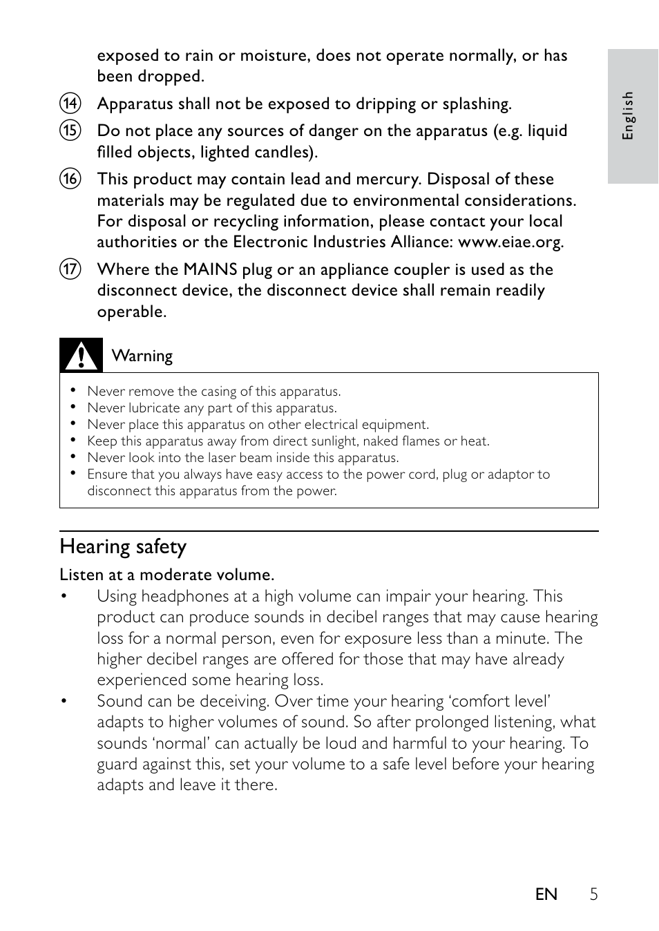 Hearing safety | Philips PET736C User Manual | Page 4 / 23