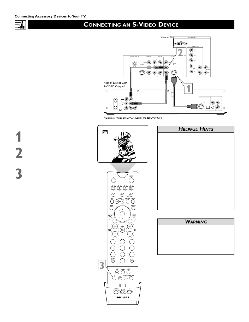 Onnecting an, Ideo, Evice | Elpful, Ints, Arning, Connecting accessory devices to your tv | Philips Epic 51PW9303 User Manual | Page 14 / 72