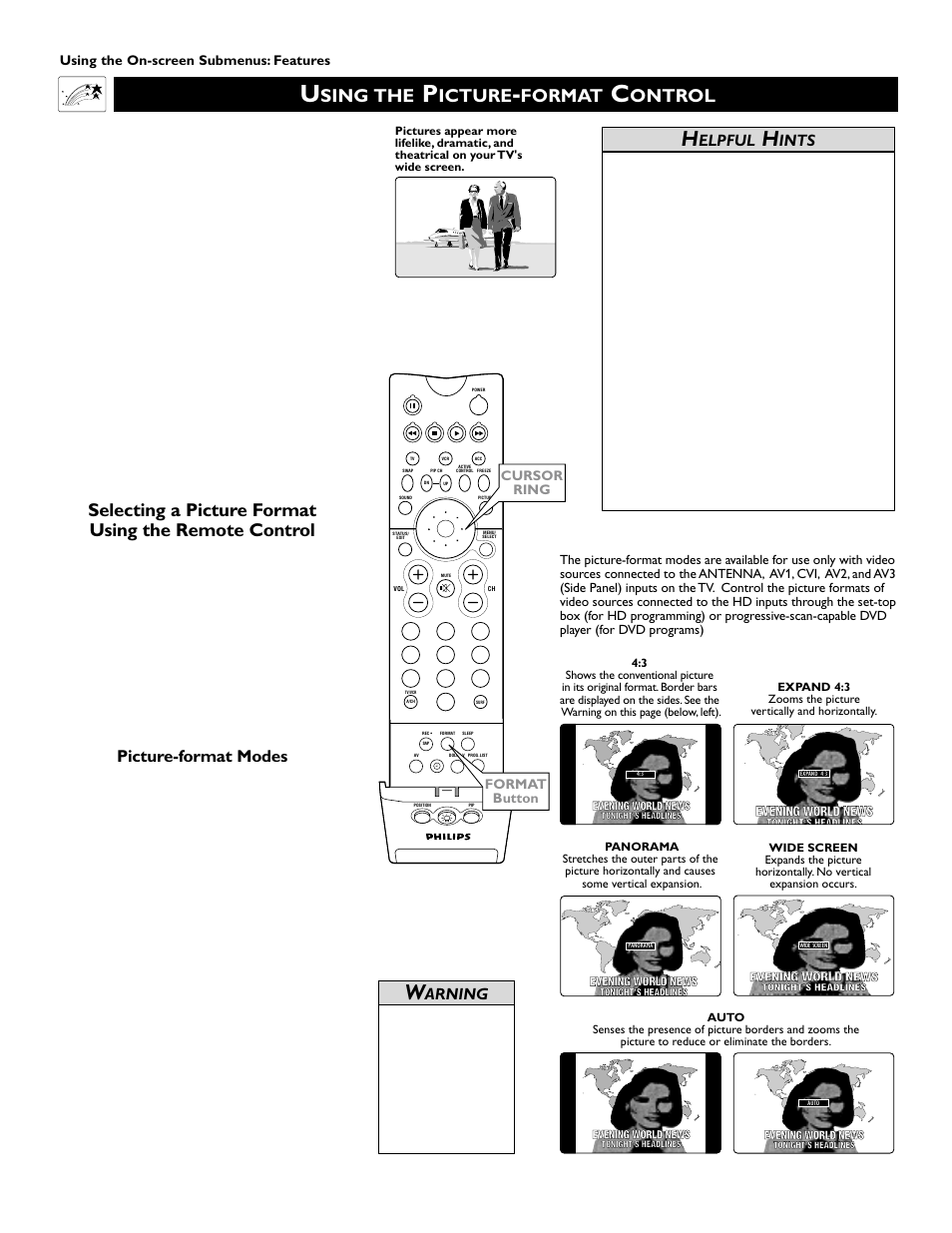 Sing the, Icture, Format | Ontrol, Picture-format modes, Elpful, Ints, Arning | Philips Epic 51PW9303 User Manual | Page 54 / 72