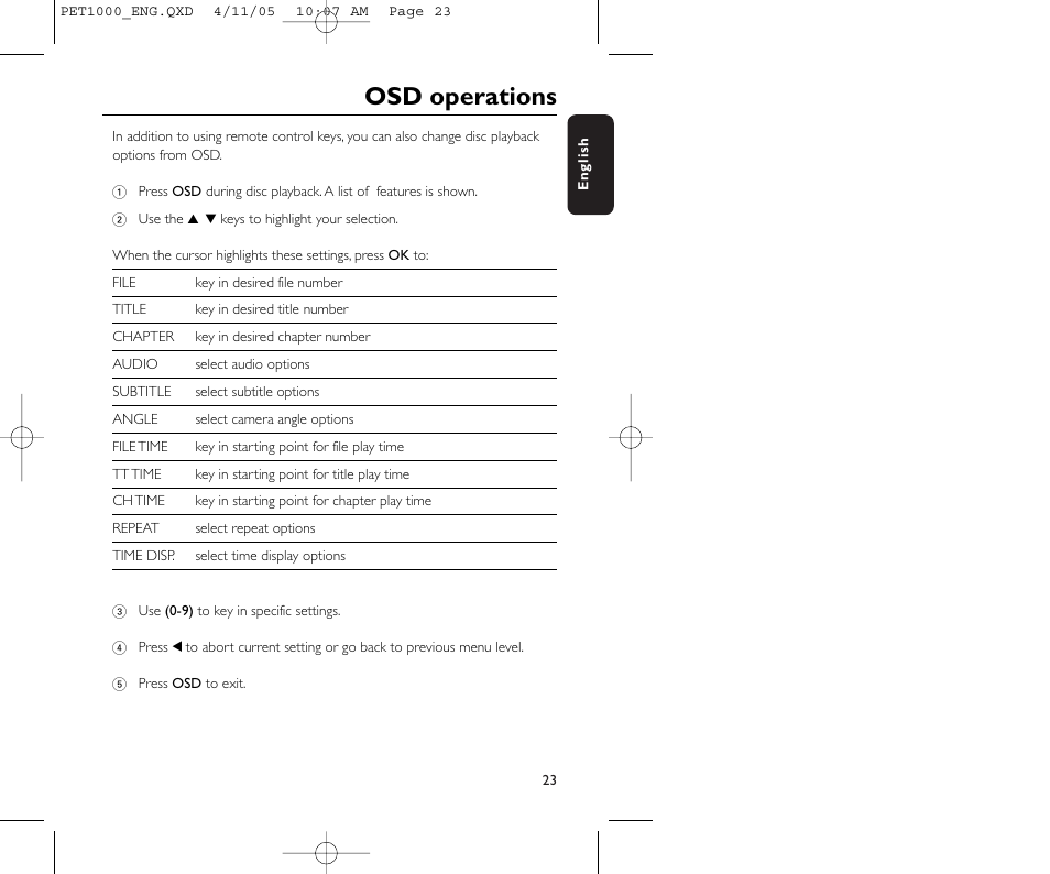 Osd operations | Philips PET1000/00 User Manual | Page 25 / 31