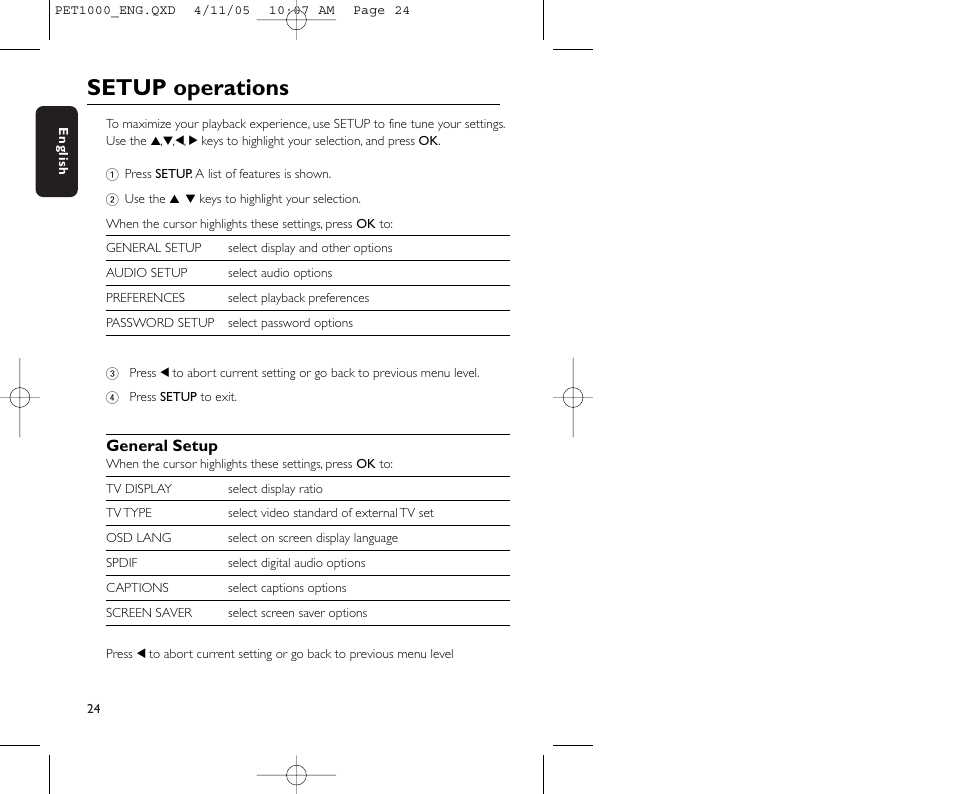 Setup operations | Philips PET1000/00 User Manual | Page 26 / 31