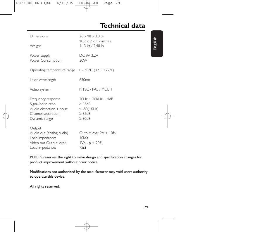 Technical data | Philips PET1000/00 User Manual | Page 31 / 31