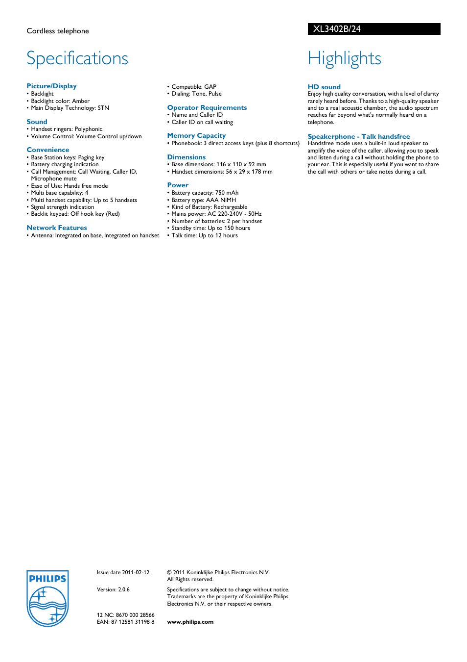 Specifications, Highlights | Philips XL3402B User Manual | Page 2 / 2