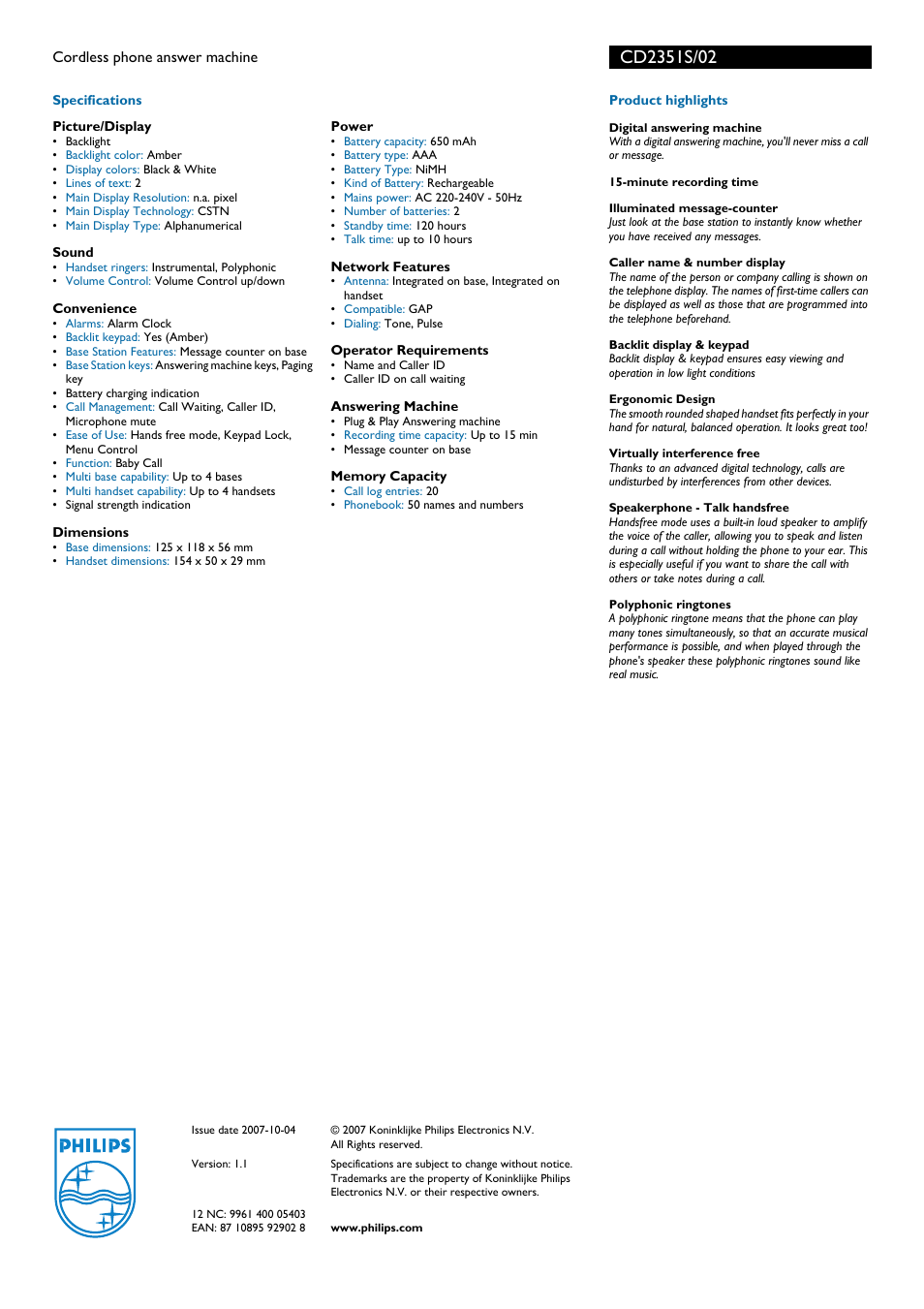 Philips CD2351S User Manual | Page 2 / 2