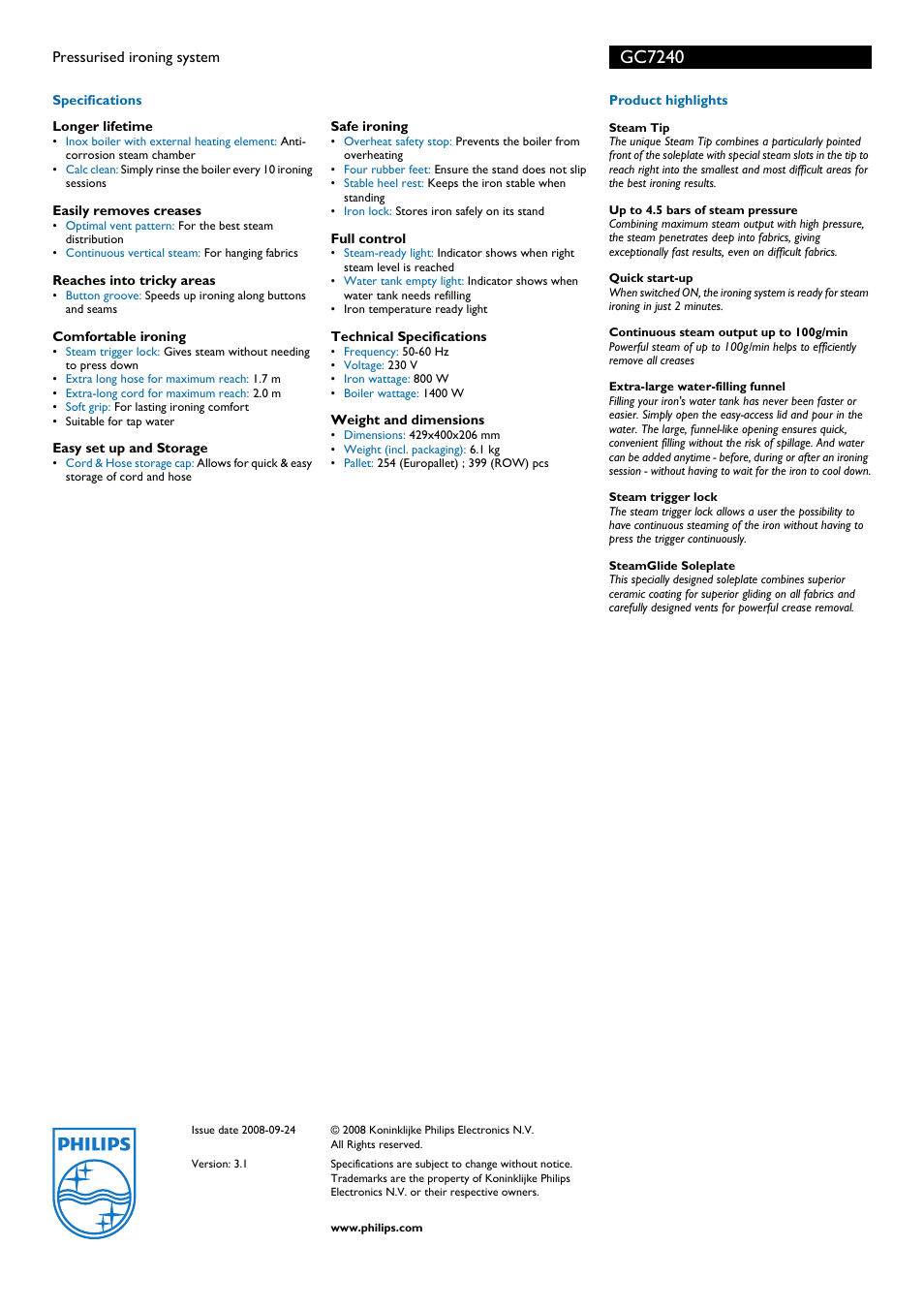 Gc7240 | Philips GC7240 User Manual | Page 2 / 2