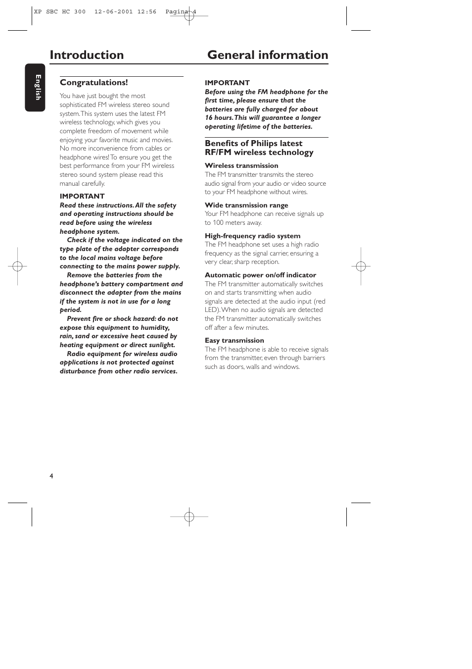 Introduction general information | Philips HC300 User Manual | Page 4 / 10