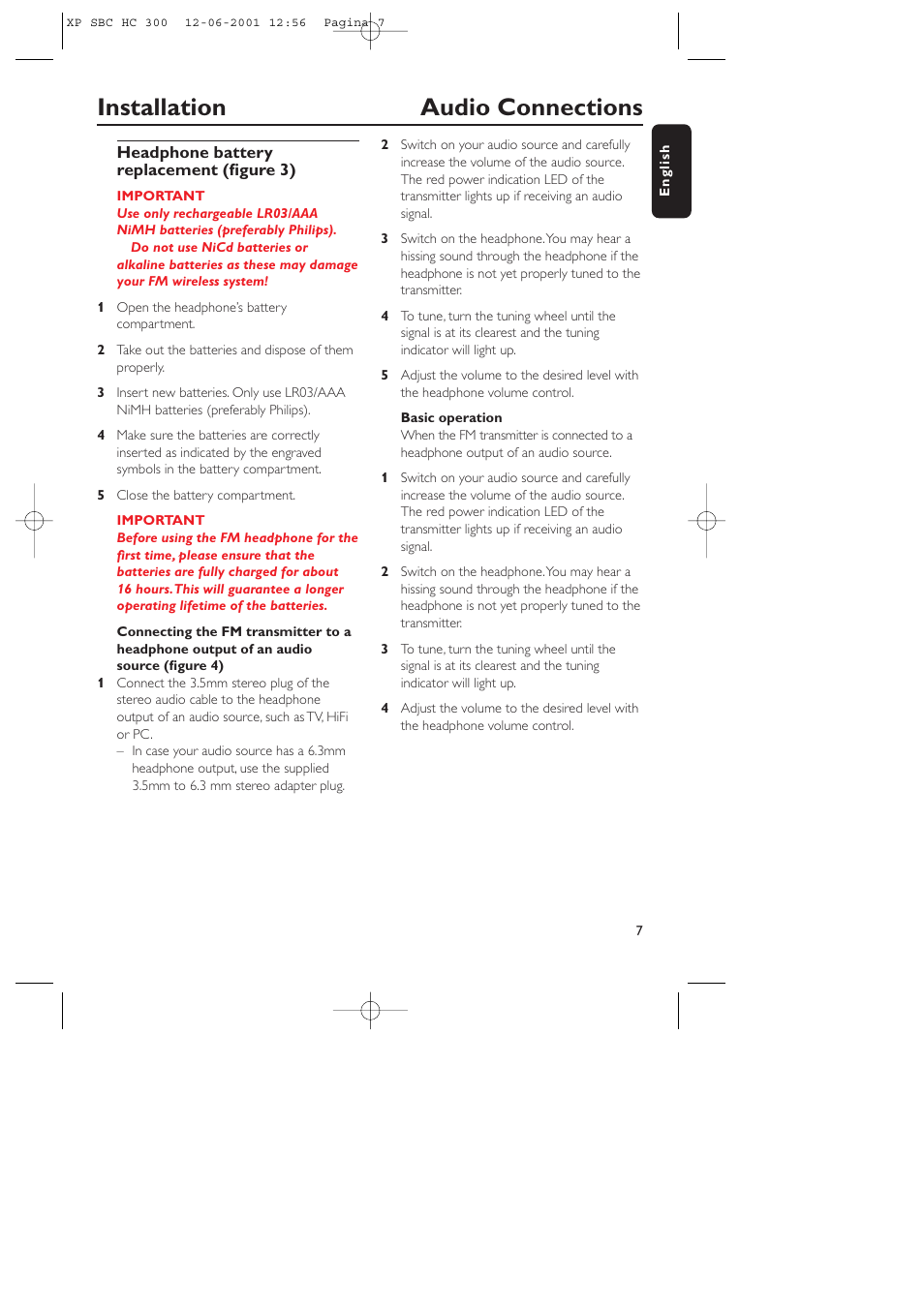 Installation audio connections | Philips HC300 User Manual | Page 7 / 10