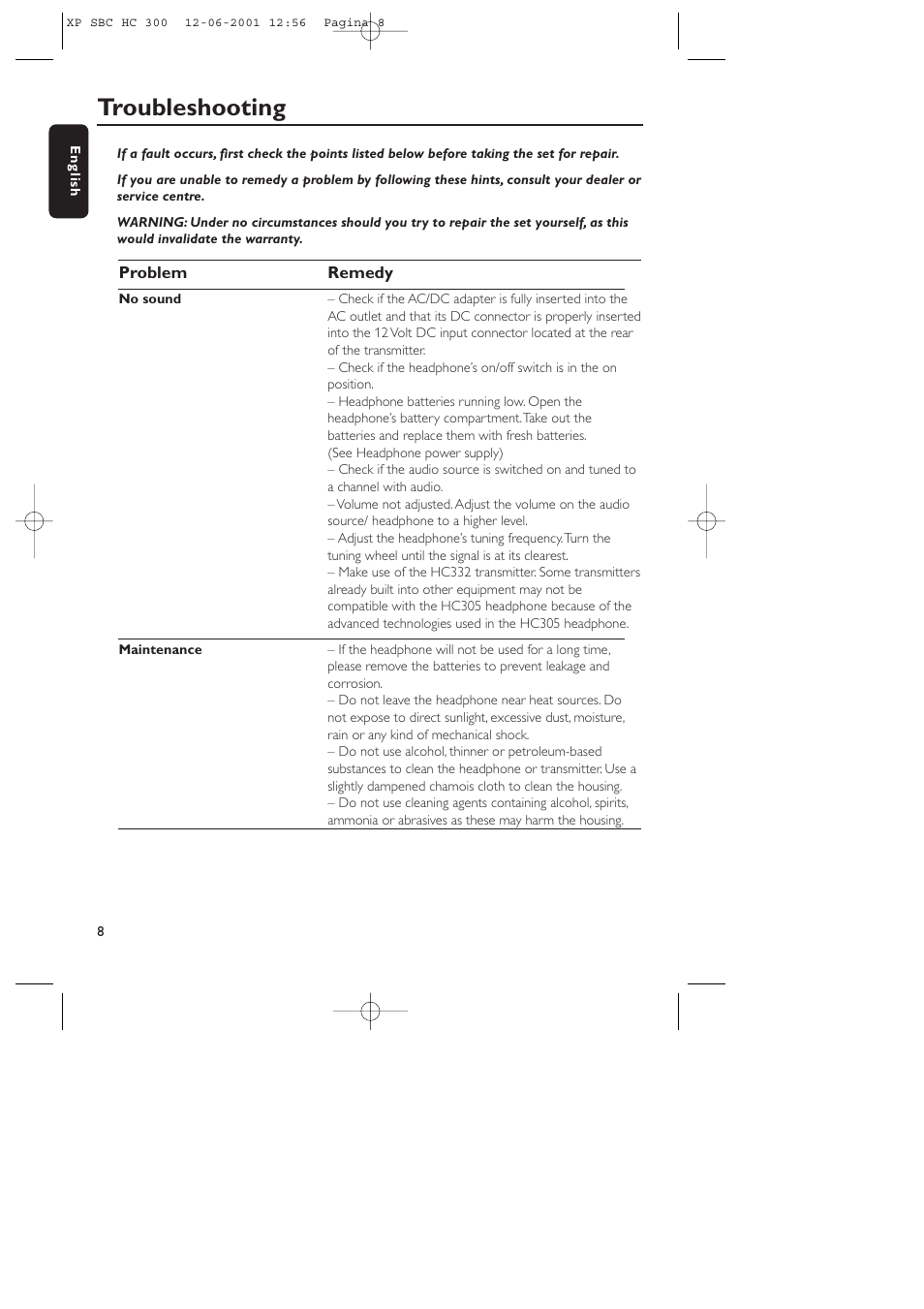 Troubleshooting | Philips HC300 User Manual | Page 8 / 10