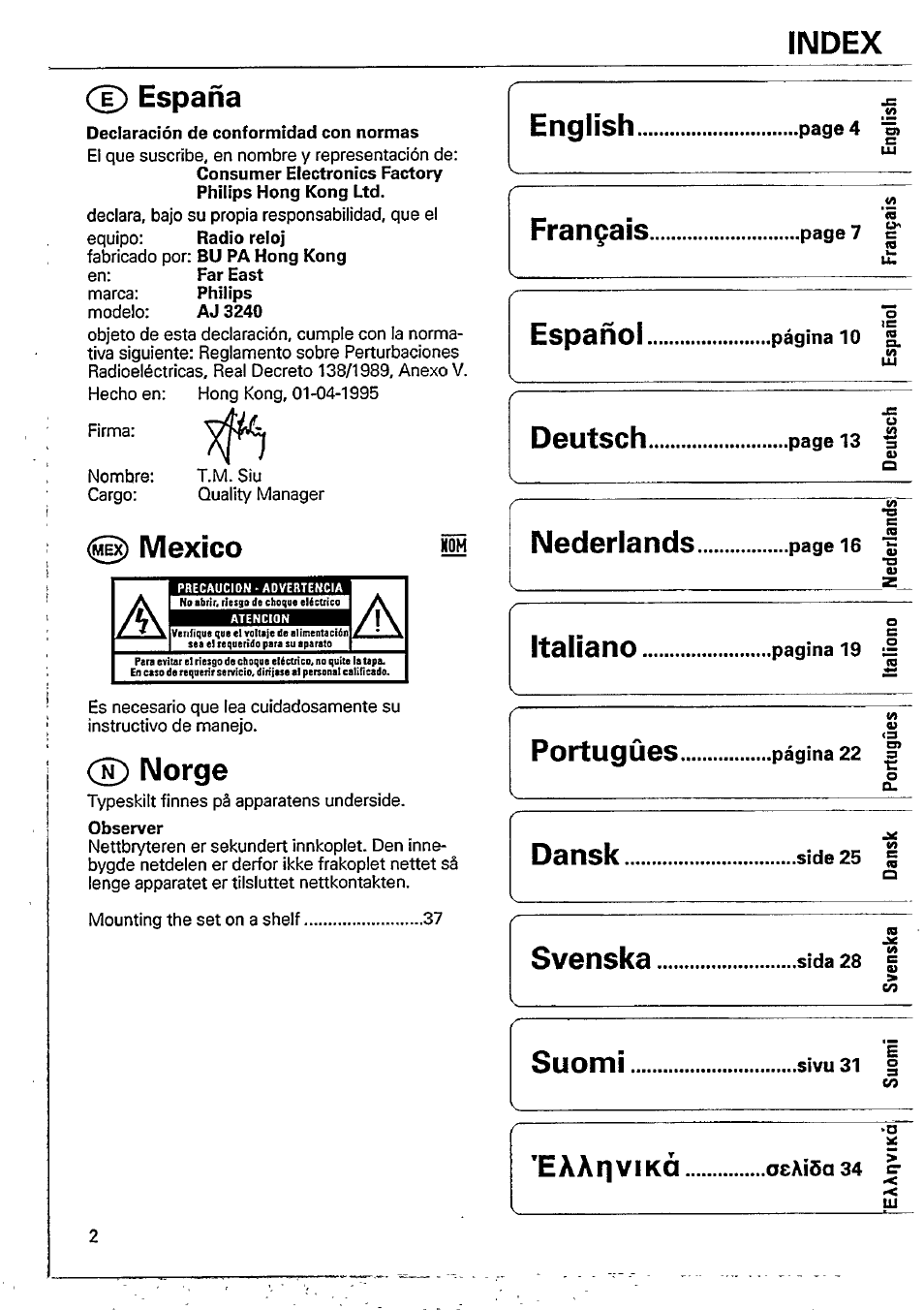 Index cd españa, 0) mexico, D norge | English, Français, Español, Deutsch, Nederlands, Italiano, Portugués | Philips AJ 3240/00 User Manual | Page 2 / 12