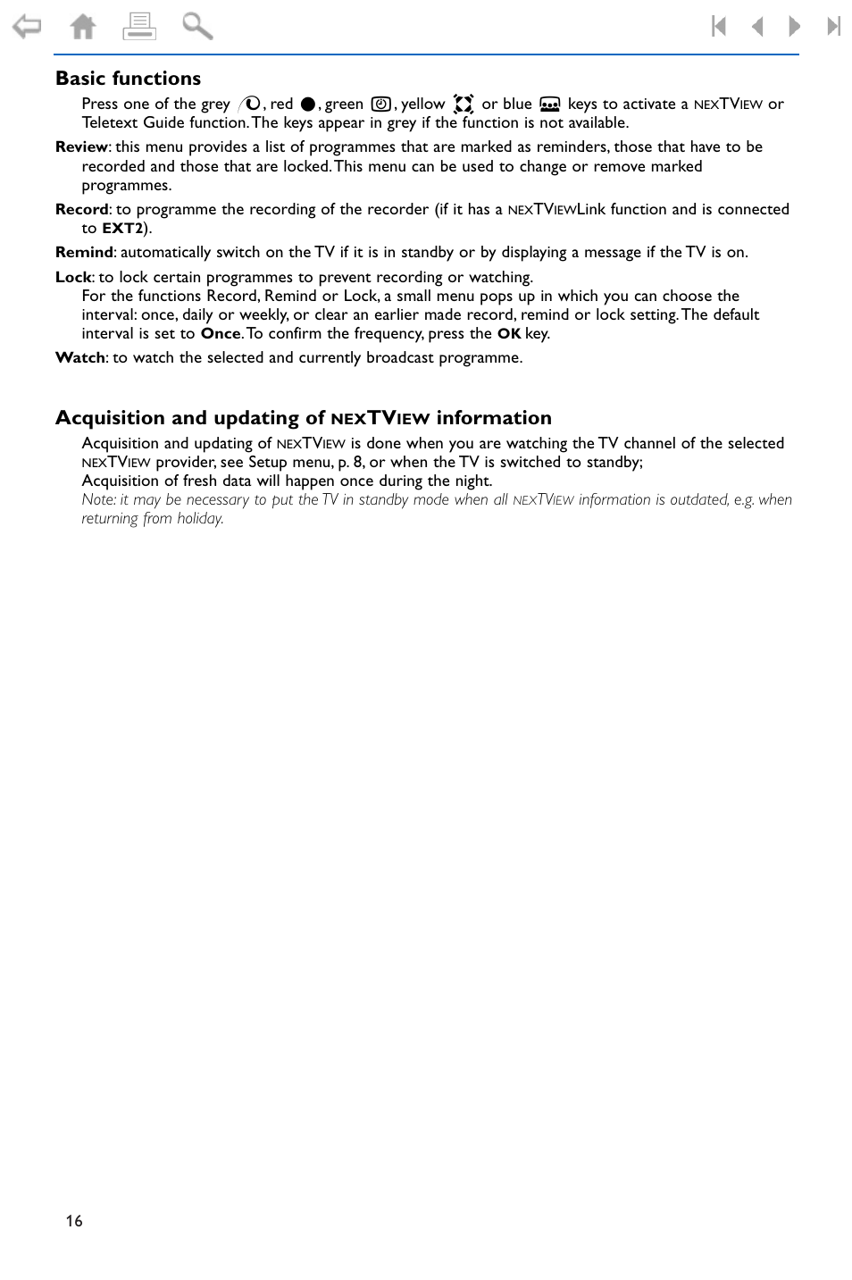 Basic functions, Acquisition and updating of, Acquisition and updating of nextview information | Information | Philips FLAT TV 37PF9975 User Manual | Page 18 / 36