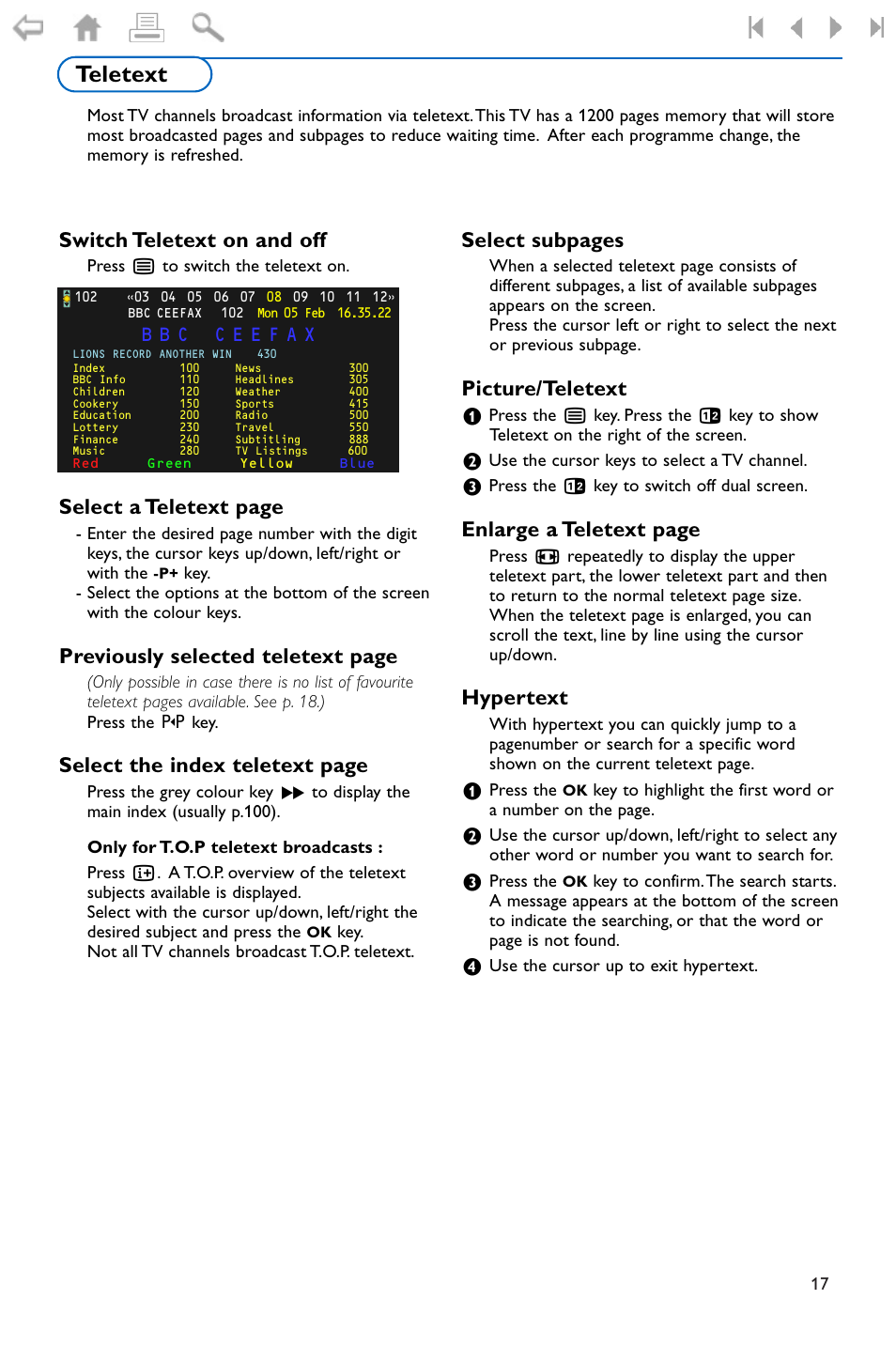 Teletext, Switch teletext on and off, Previously selected teletext | Picture/teletext, Hypertext, Hypertext 17, Select a teletext page, Previously selected teletext page, Select the index teletext page, Select subpages | Philips FLAT TV 37PF9975 User Manual | Page 19 / 36