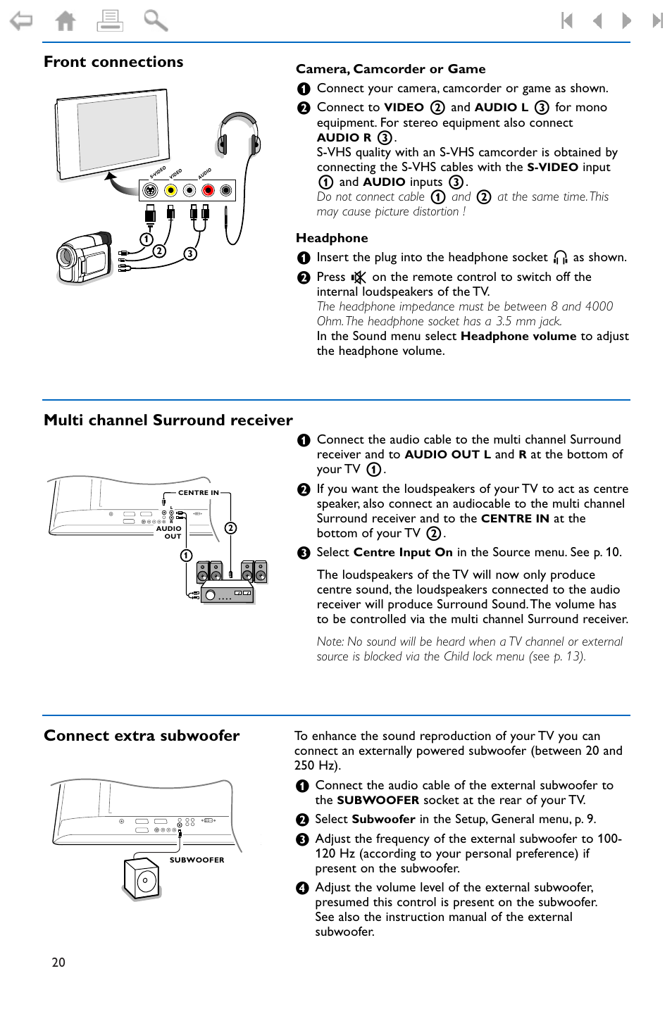 Front connections, Multi channel surround recei, Connect extra subwoofer | Multi channel surround receiver | Philips FLAT TV 37PF9975 User Manual | Page 22 / 36