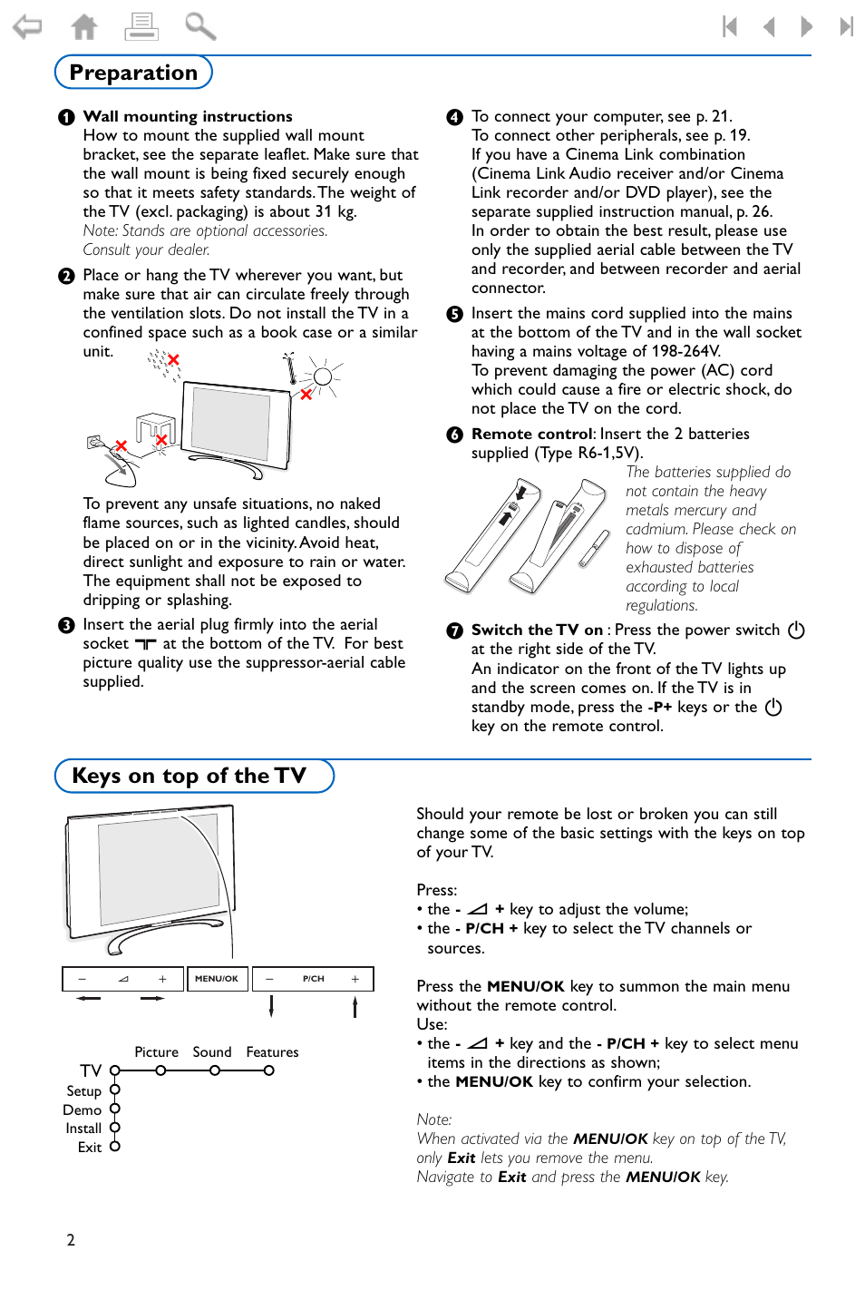 Preparation, Keys on top of the tv, Preparation keys on top of the tv | Keys on top of the tv preparation | Philips FLAT TV 37PF9975 User Manual | Page 4 / 36