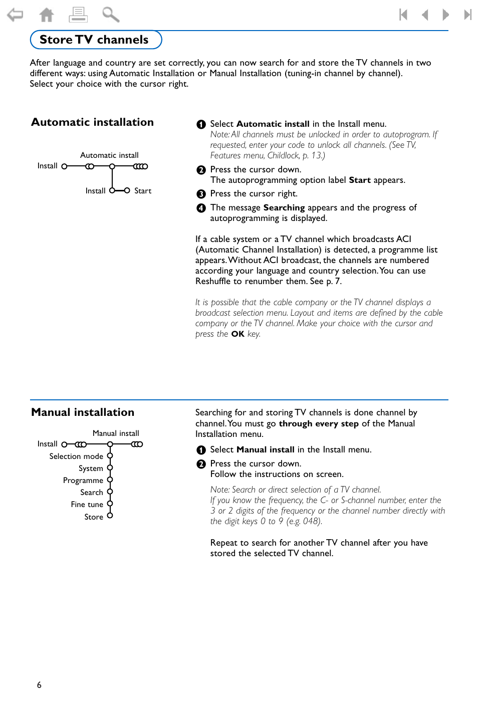 Store tv channels, Automatic installation, Manual installation | Manual installation automatic installation | Philips FLAT TV 37PF9975 User Manual | Page 8 / 36