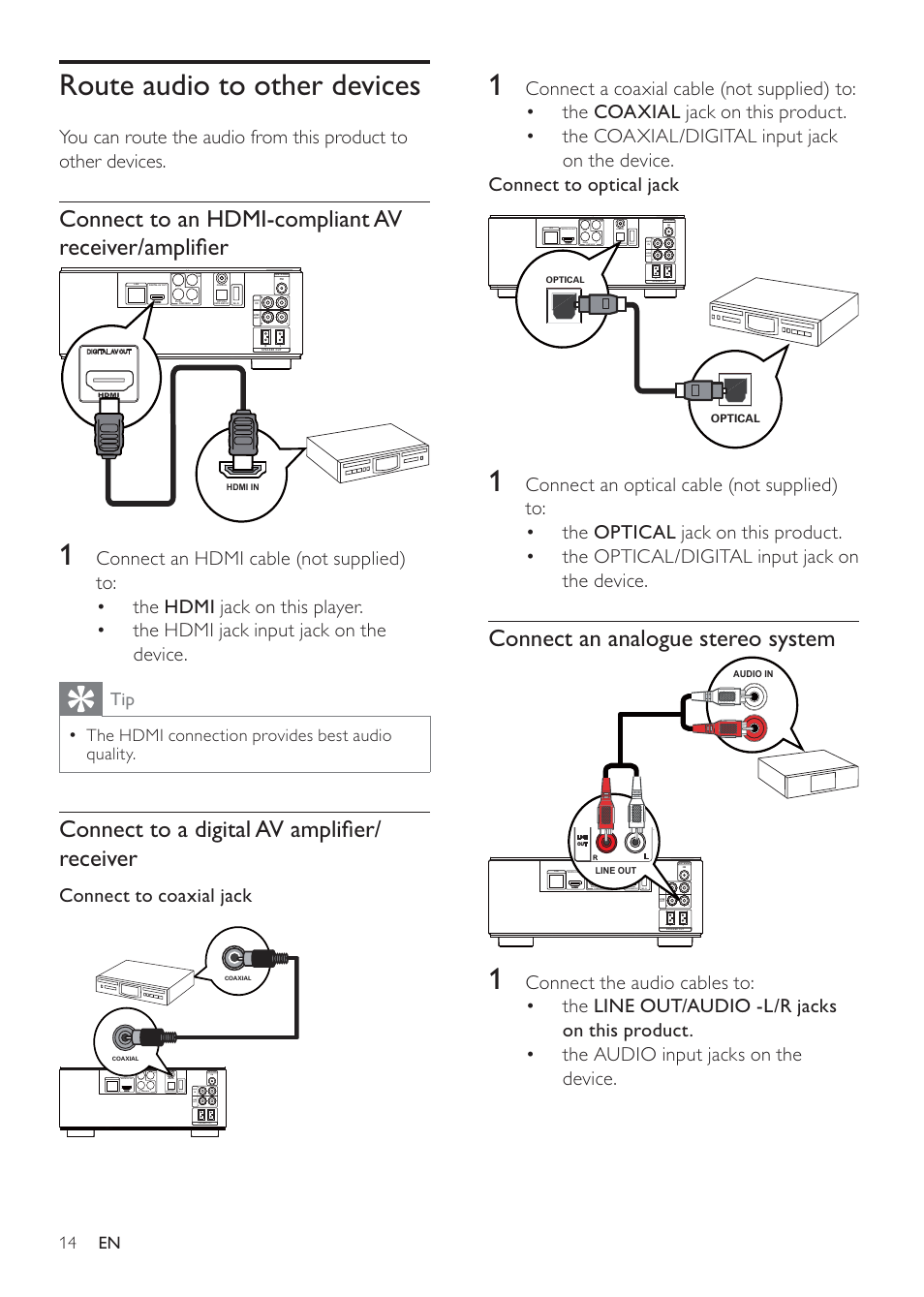 Route audio to other devices, Connect an analogue stereo system, Connect to an hdmi-compliant av receiver/ampliﬁer | Connect to a digital av ampliﬁer/ receiver | Philips MBD3000 User Manual | Page 13 / 41