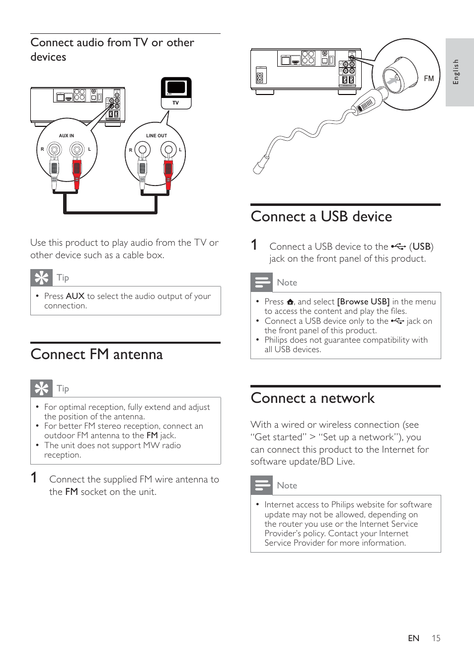 Connect a usb device 1, Connect a network, Connect fm antenna | Connect audio from tv or other devices | Philips MBD3000 User Manual | Page 14 / 41