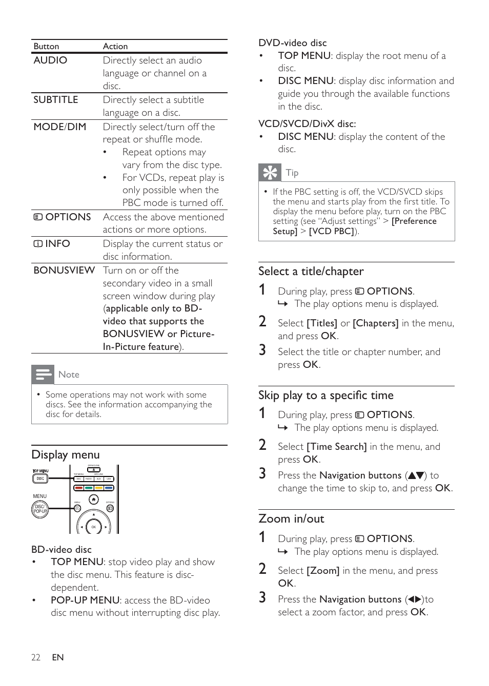 Select a title/chapter, Skip play to a speciﬁc time, Zoom in/out | Display menu | Philips MBD3000 User Manual | Page 21 / 41