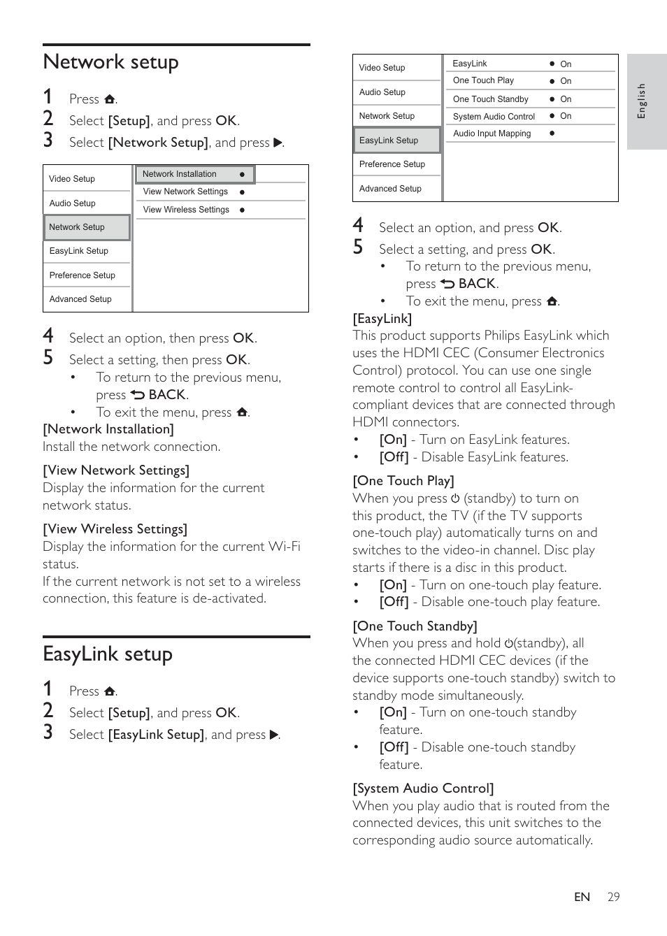 Network setup 1, Easylink setup 1 | Philips MBD3000 User Manual | Page 28 / 41