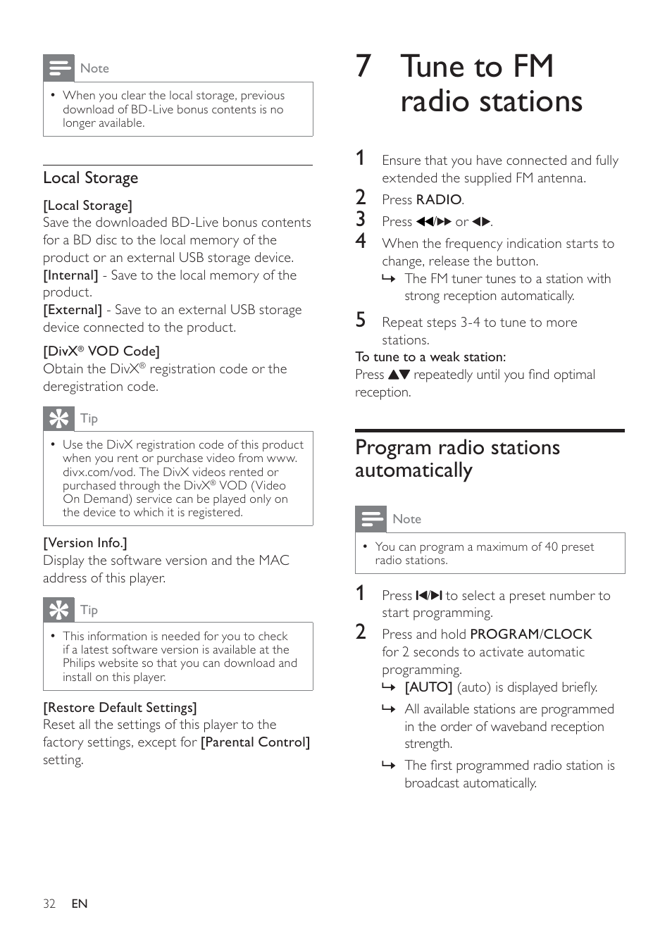 7 tune to fm radio stations, Program radio stations automatically | Philips MBD3000 User Manual | Page 31 / 41