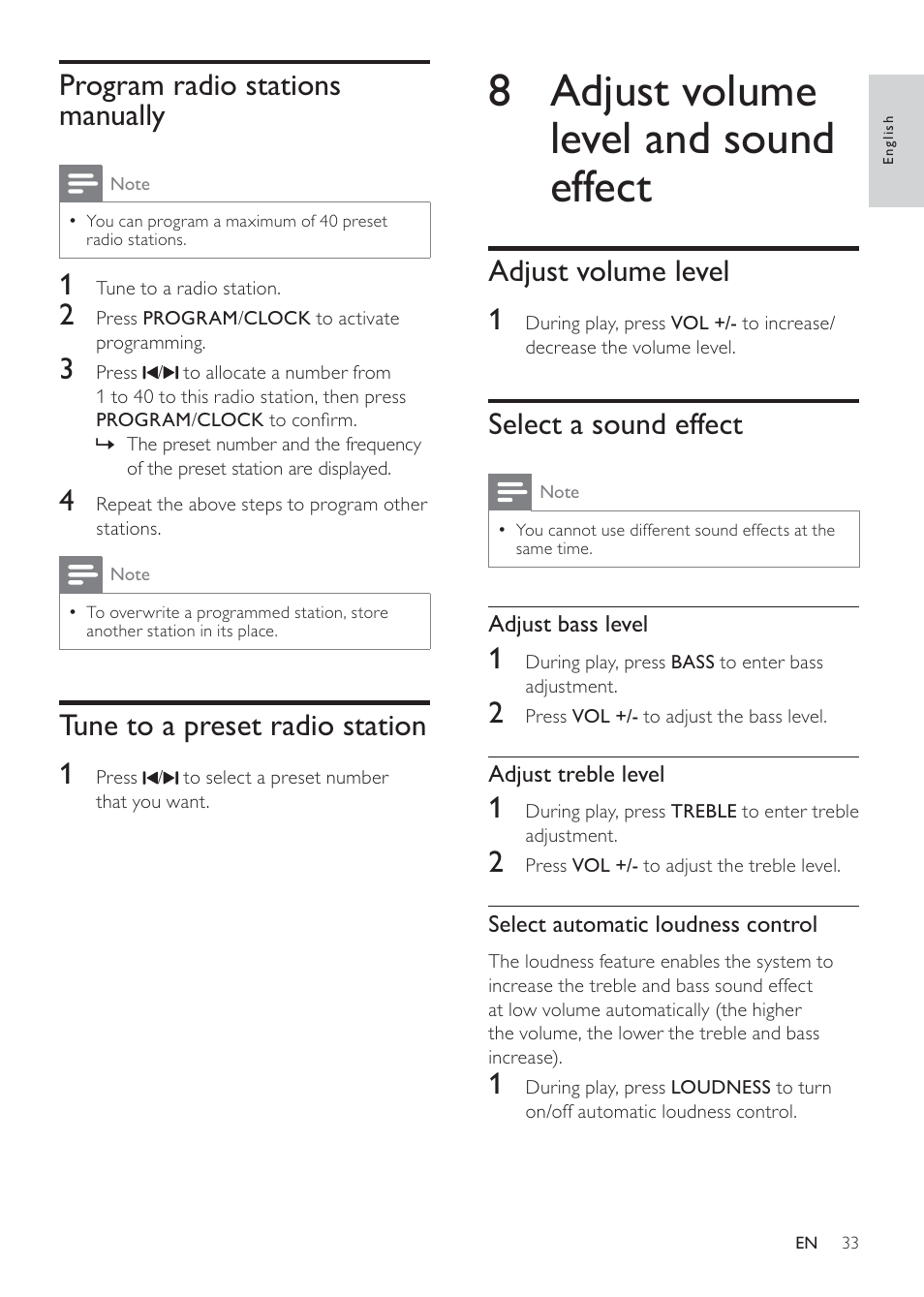 8 adjust volume level and sound effect, Adjust volume level 1, Select a sound effect | Program radio stations manually, Tune to a preset radio station 1 | Philips MBD3000 User Manual | Page 32 / 41