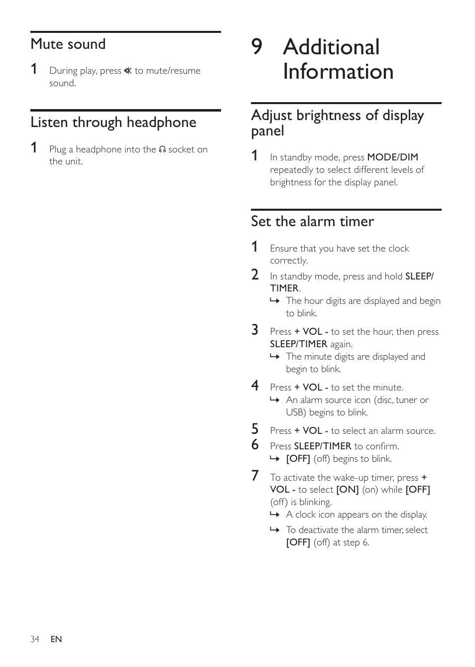 9 additional information, Adjust brightness of display panel 1, Set the alarm timer 1 | Mute sound 1, Listen through headphone 1 | Philips MBD3000 User Manual | Page 33 / 41