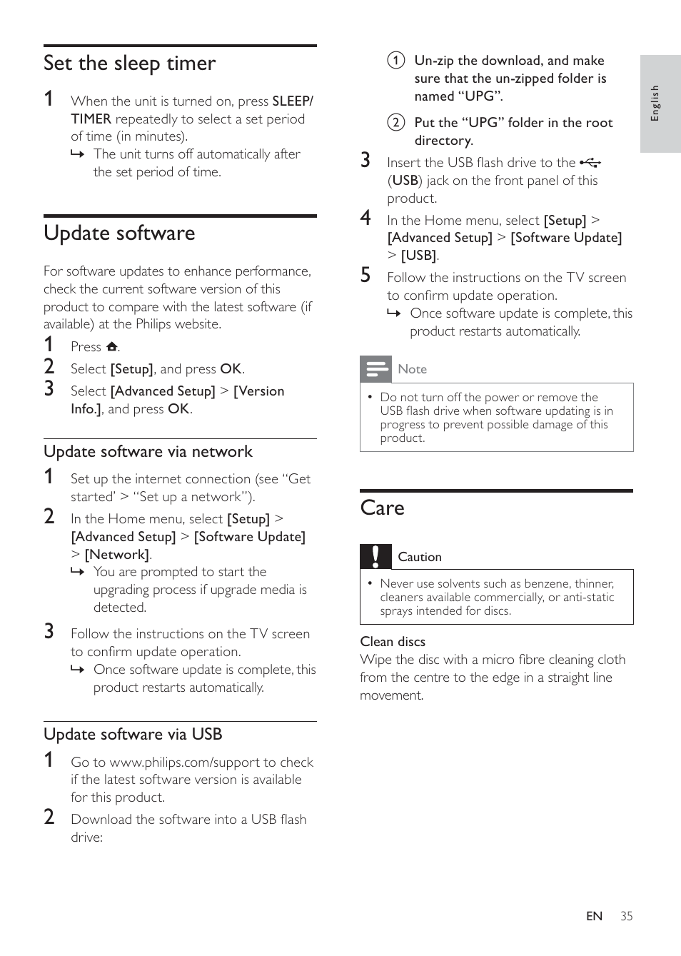 Care, Set the sleep timer 1, Update software | Philips MBD3000 User Manual | Page 34 / 41