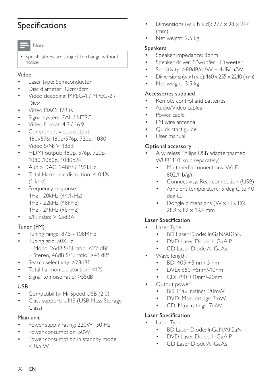 Speciﬁcations | Philips MBD3000 User Manual | Page 35 / 41