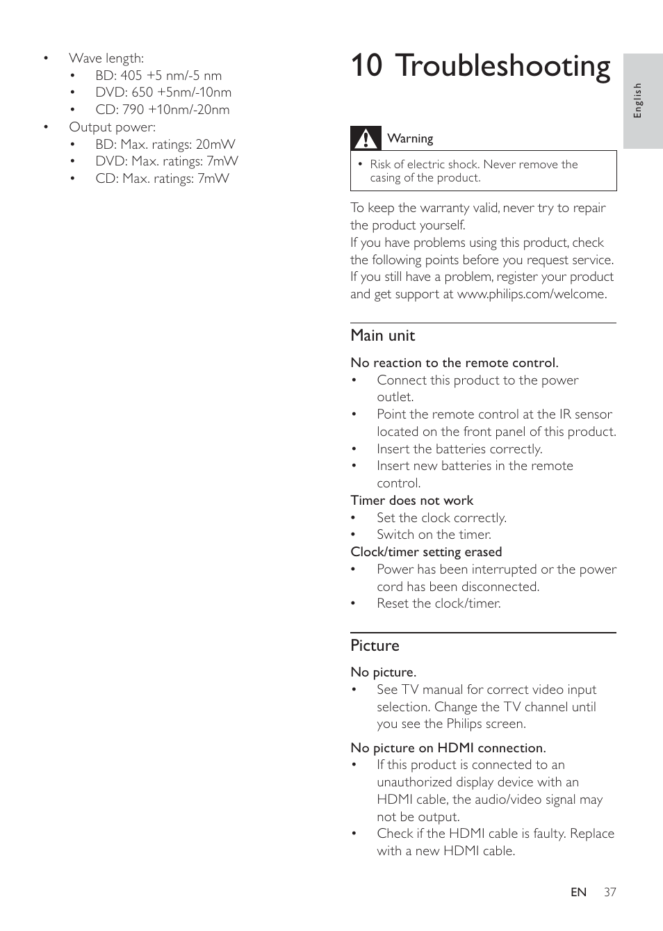 10 troubleshooting, Main unit, Picture | Philips MBD3000 User Manual | Page 36 / 41