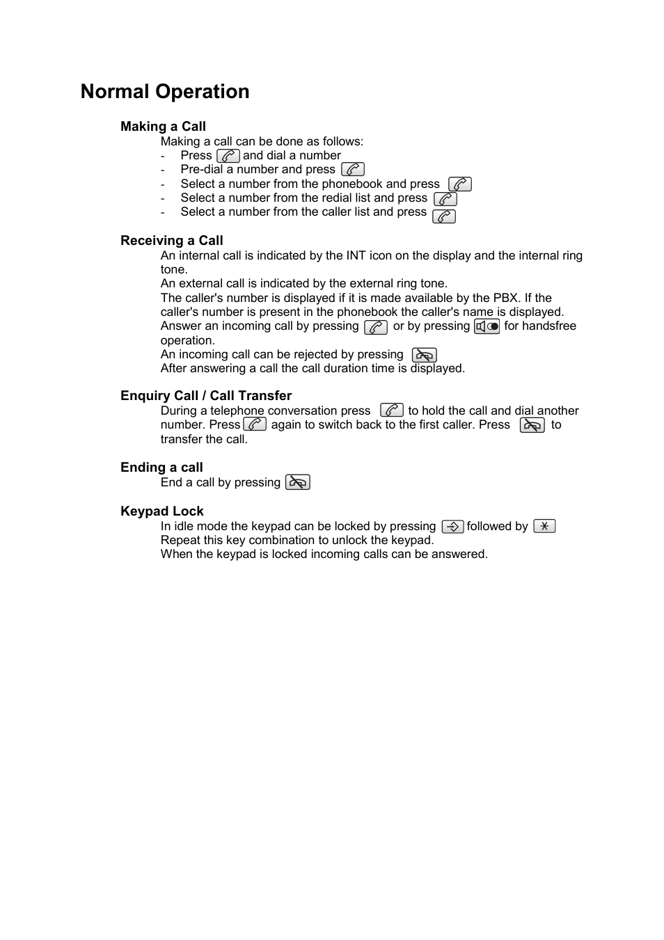 Normal operation, Receiving a call, Enquiry call / call transfer | Keypad lock | Philips DECT C124 User Manual | Page 10 / 18