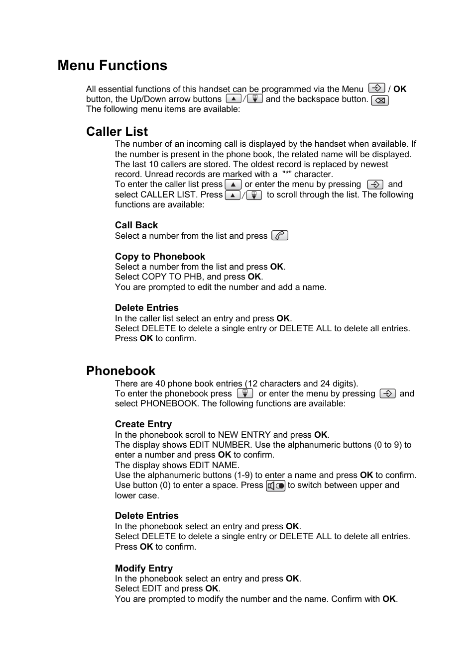 Menu functions, Caller list, Call back | Copy to phonebook, Delete entries, Create entry, Phonebook | Philips DECT C124 User Manual | Page 11 / 18