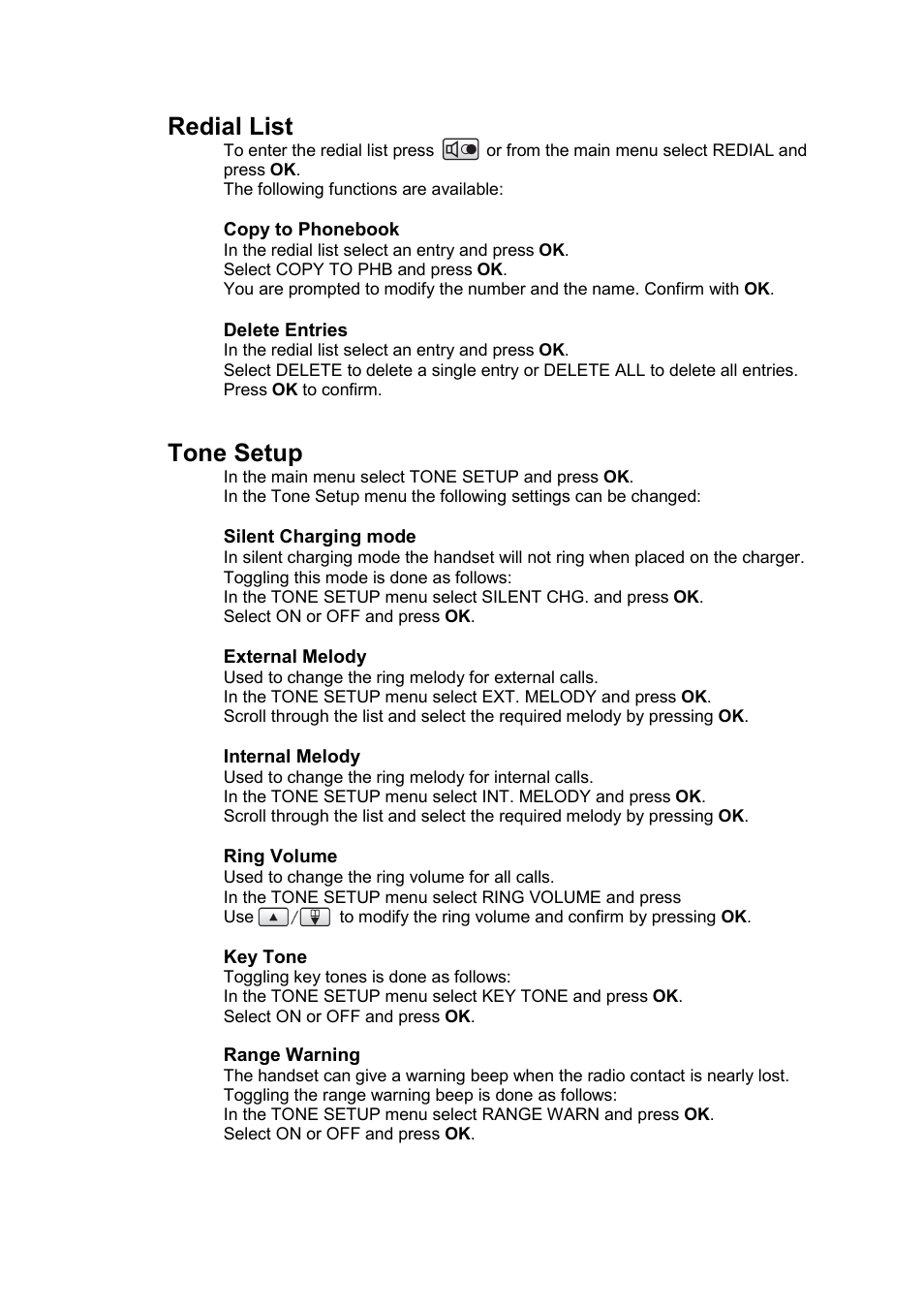 Redial list, Copy to phonebook, Delete entries | Silent charging mode, External melody, Internal melody, Ring volume, Key tone, Range warning, Tone setup | Philips DECT C124 User Manual | Page 12 / 18