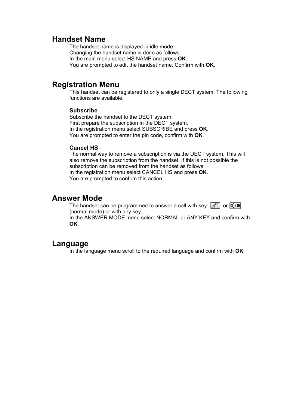 Subscribe, Cancel hs, Handset name | Registration menu, Answer mode, Language | Philips DECT C124 User Manual | Page 13 / 18