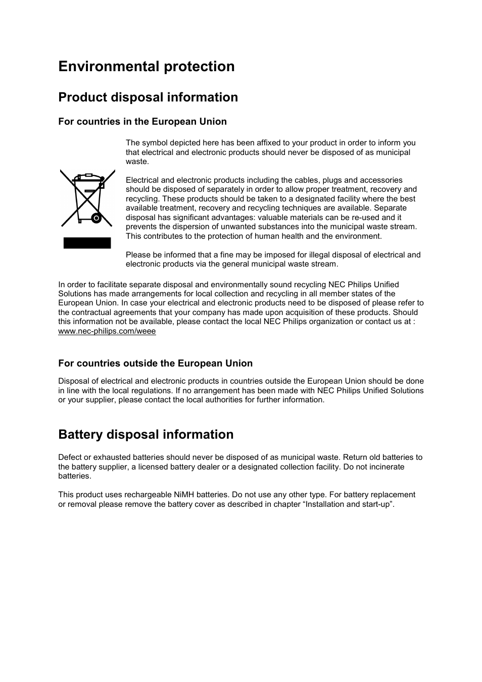 Environmental protection, Battery disposal information, Product disposal information | Philips DECT C124 User Manual | Page 14 / 18