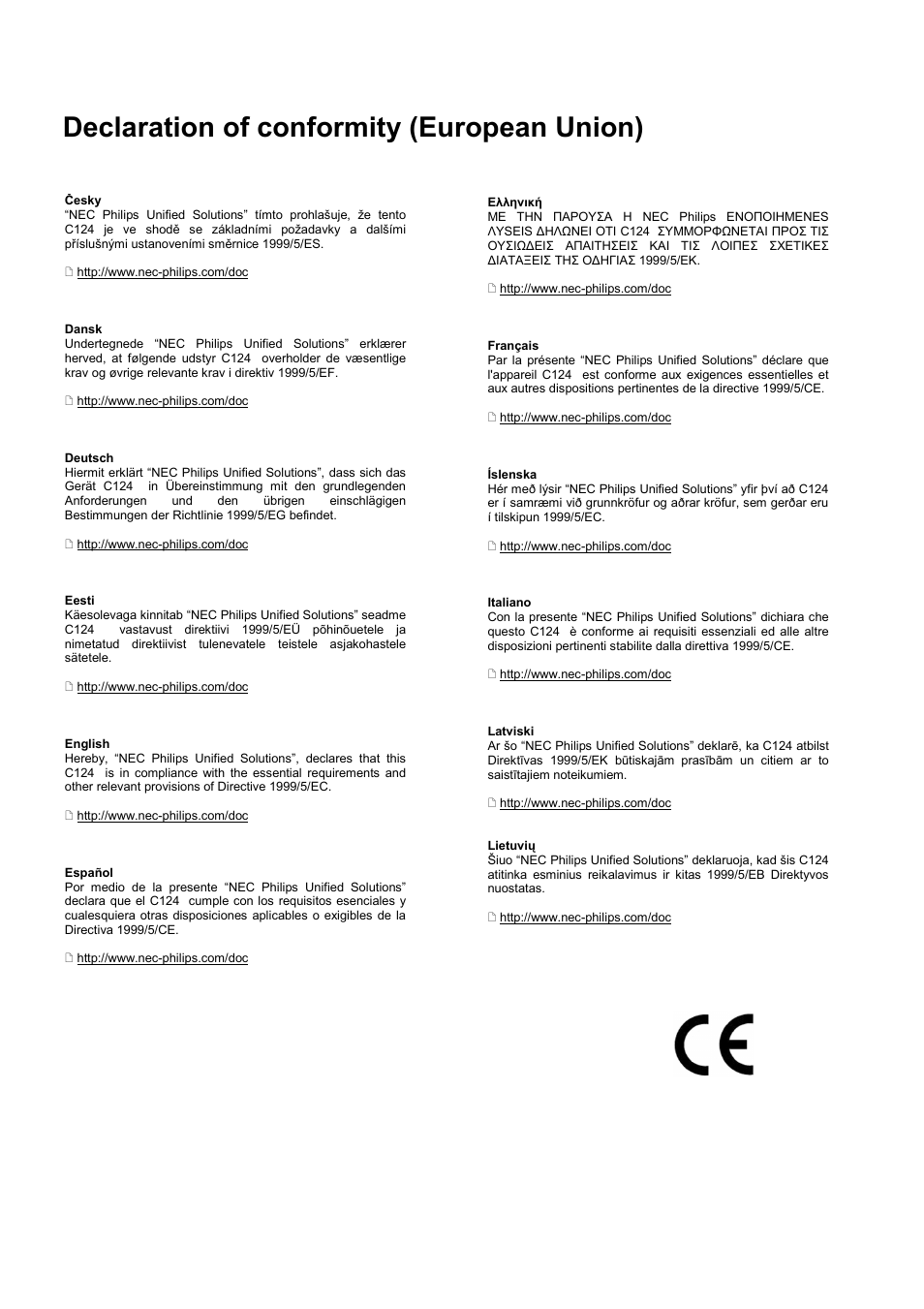 Declaration of conformity (european union) | Philips DECT C124 User Manual | Page 15 / 18