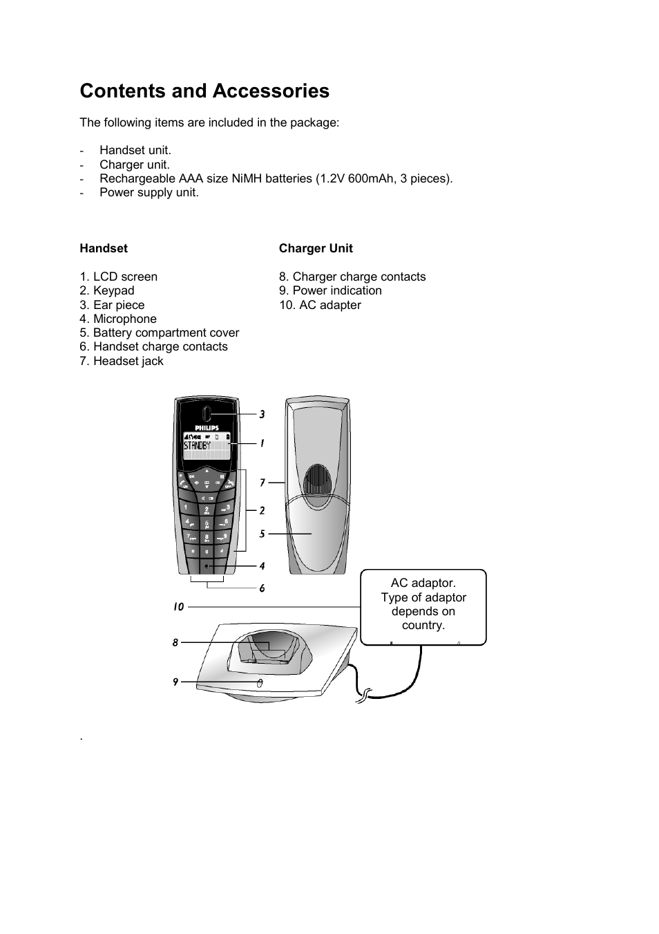 Contents and accessories, Handset charger unit | Philips DECT C124 User Manual | Page 6 / 18