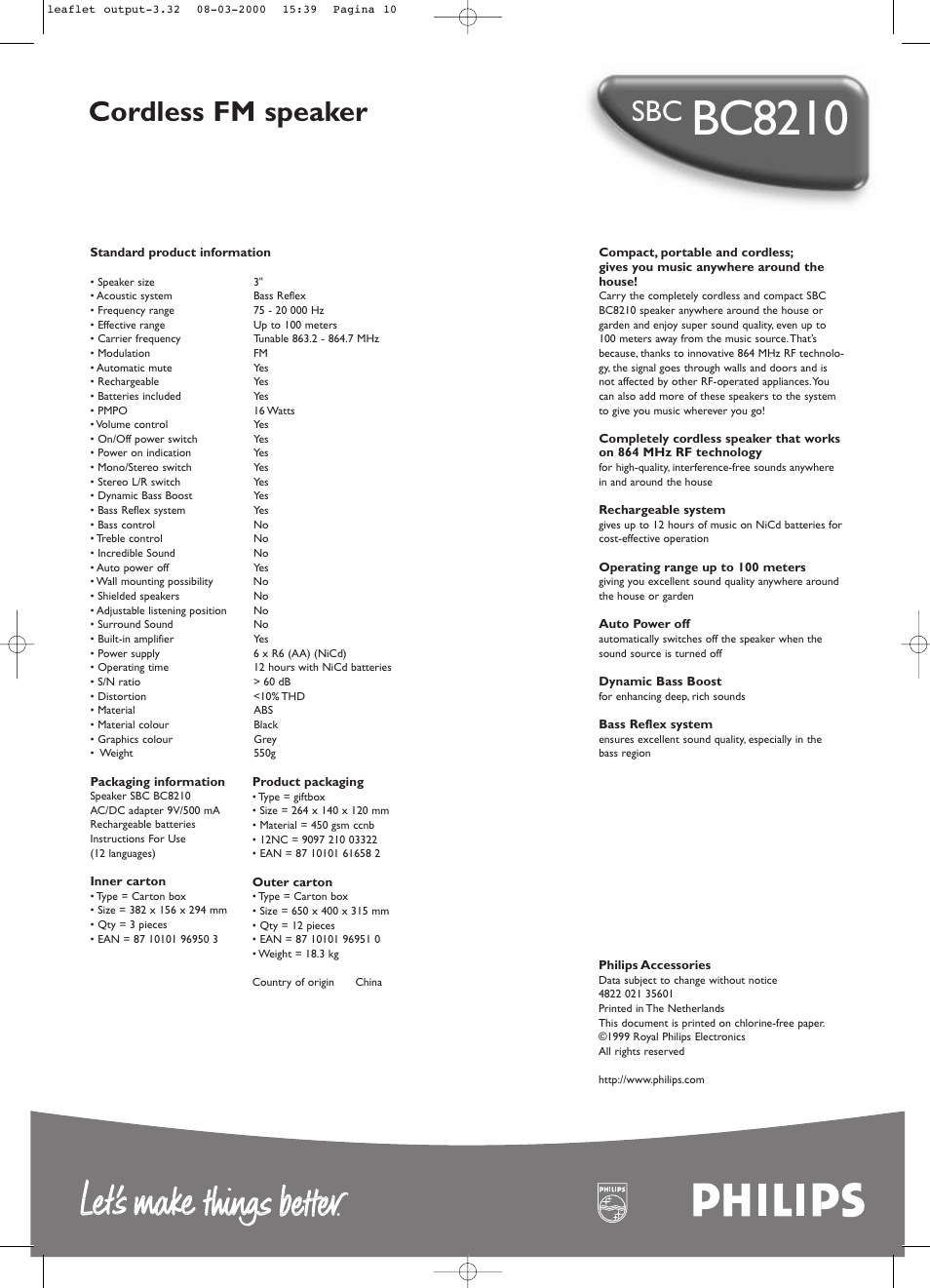Bc8210, Cordless fm speaker | Philips SBC BC8210 User Manual | Page 2 / 2