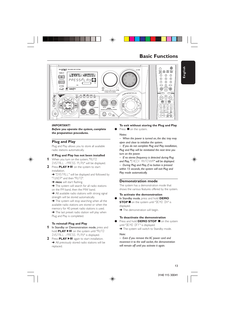 Basic functions, Plug and play, Demonstration mode | Philips FW-V787 User Manual | Page 13 / 32