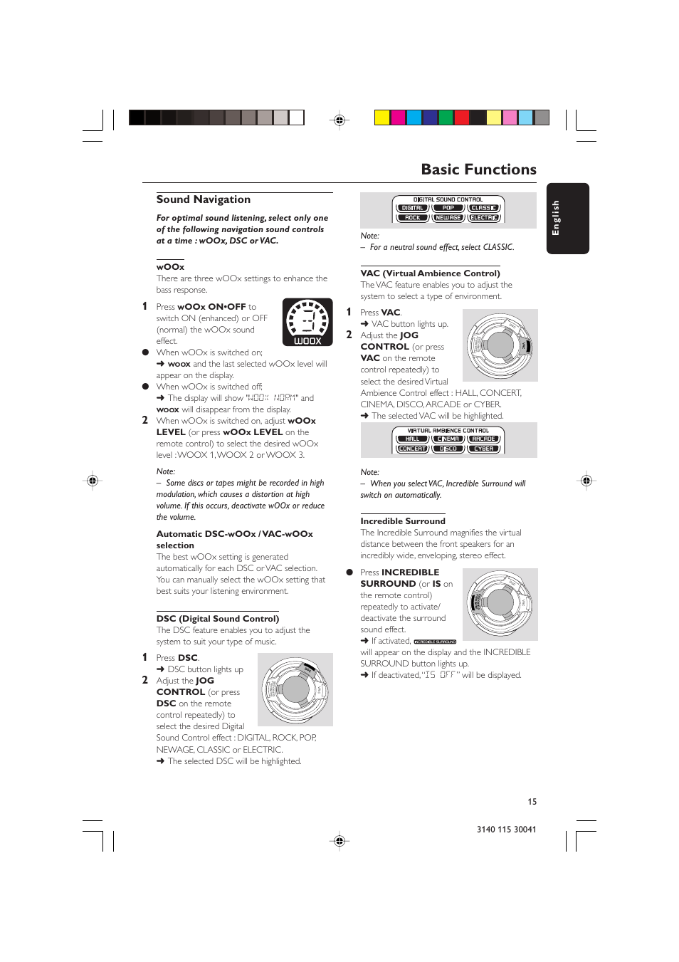 Basic functions, Sound navigation, Will disappear from the display | Press dsc . ➜ dsc button lights up, Press vac . ➜ vac button lights up | Philips FW-V787 User Manual | Page 15 / 32