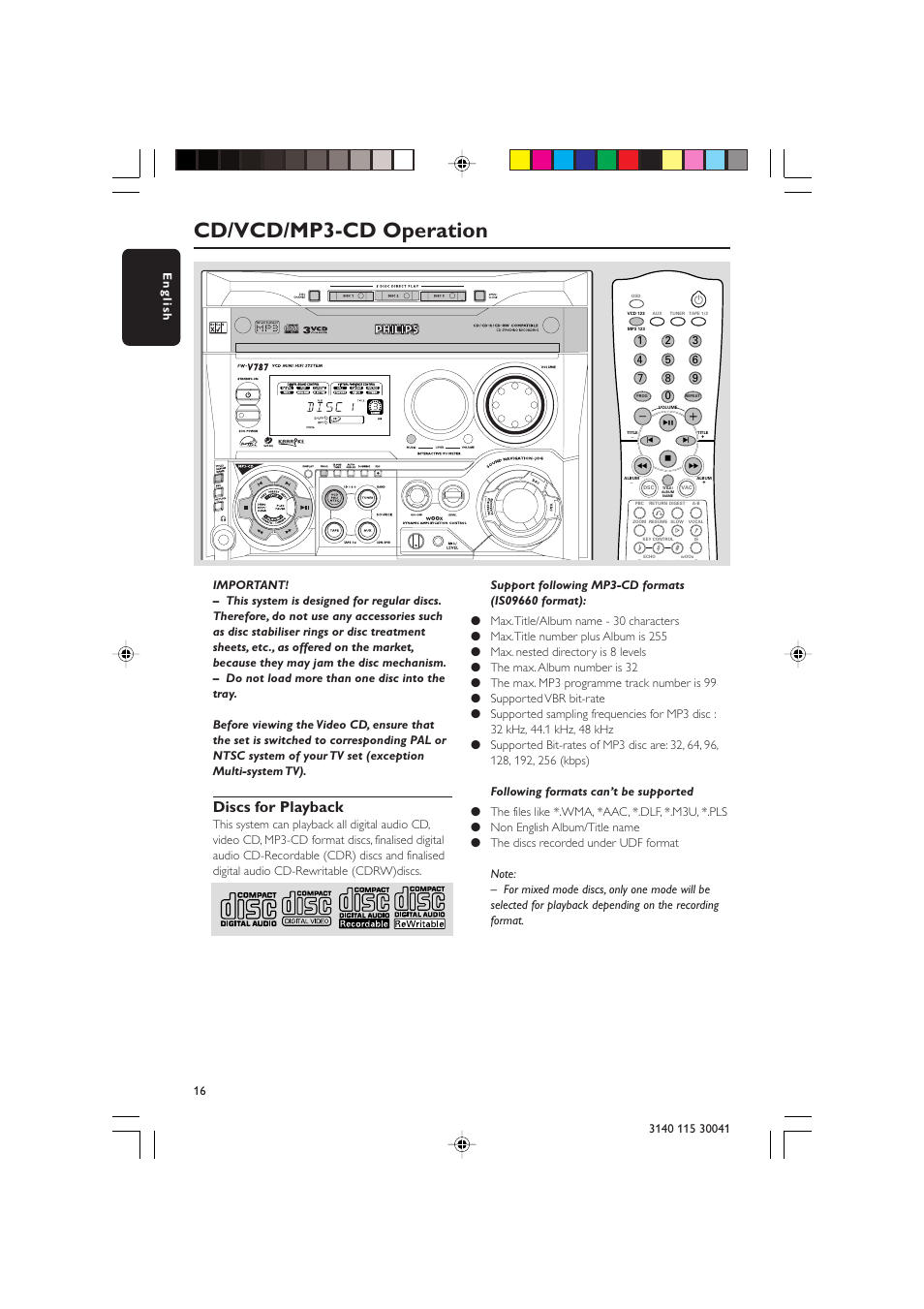 Cd/vcd/mp3-cd operation, Discs for playback | Philips FW-V787 User Manual | Page 16 / 32